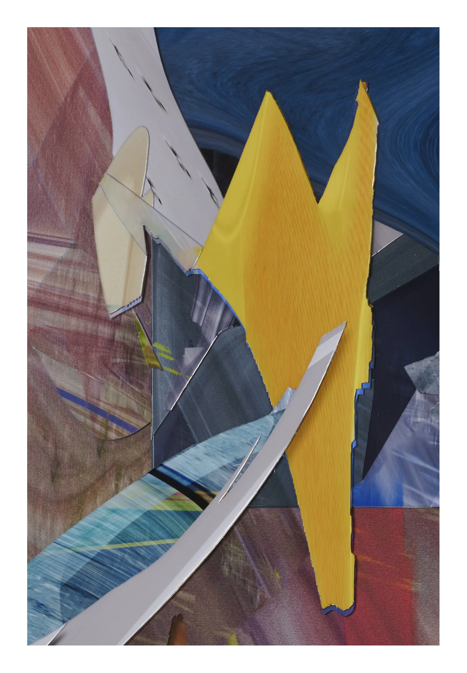 Colorful abstract art with a large yellow shape, blue swirls, and mixed textured patterns on a reddish-brown background.