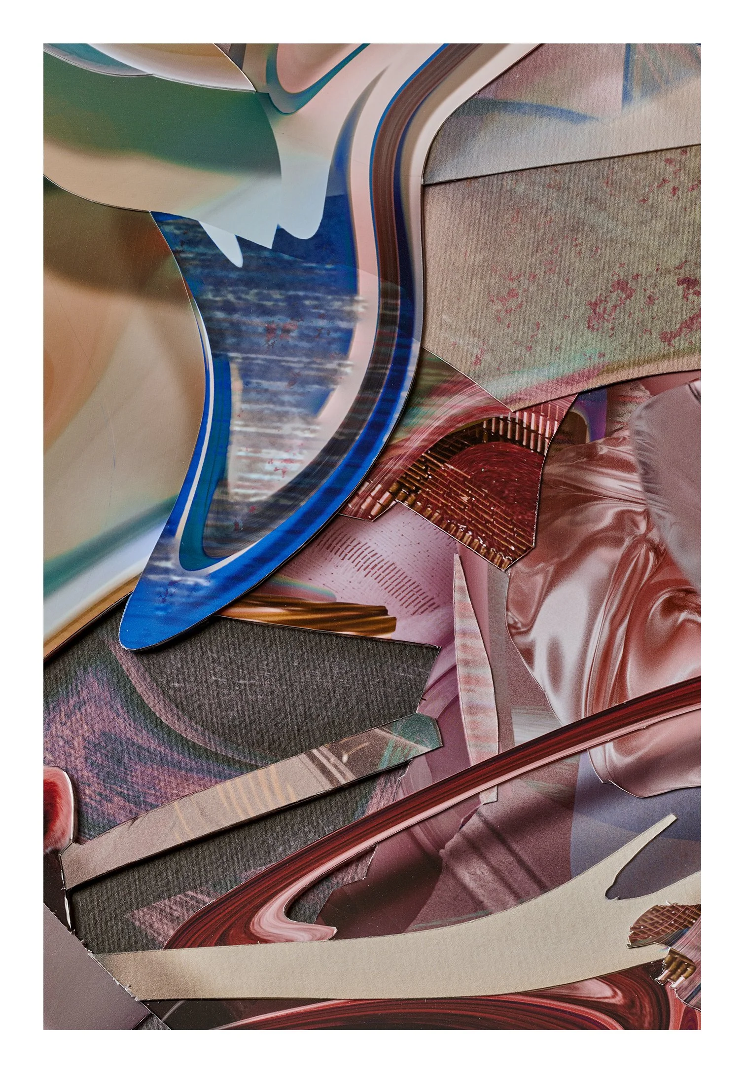 Abstract collage of various textured and patterned materials, including metallic, fabric, and plastic surfaces with curved shapes and color blends of pink, brown, beige, and blue.