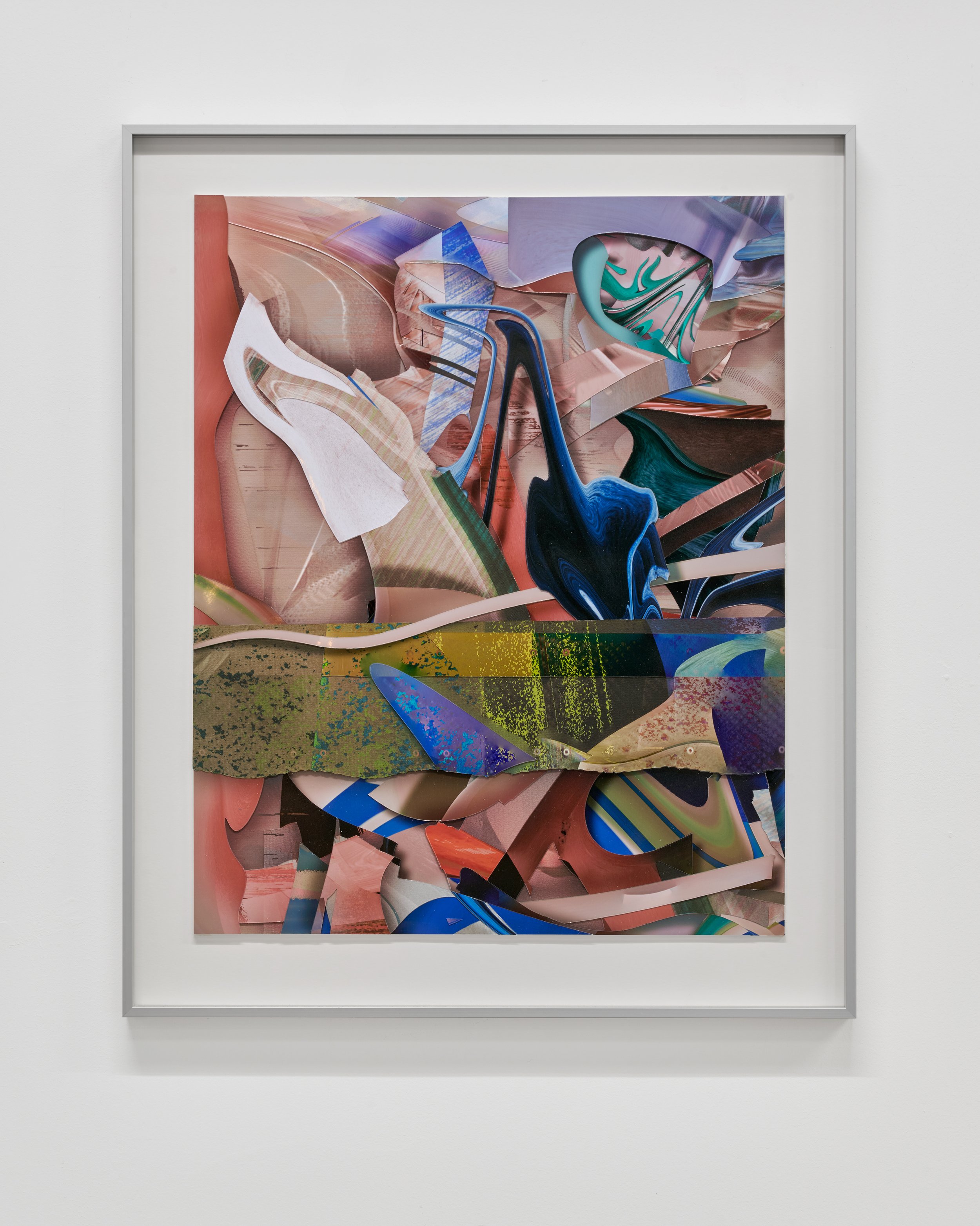 Abstract art piece with swirling colors and shapes, framed and displayed on a gallery wall.