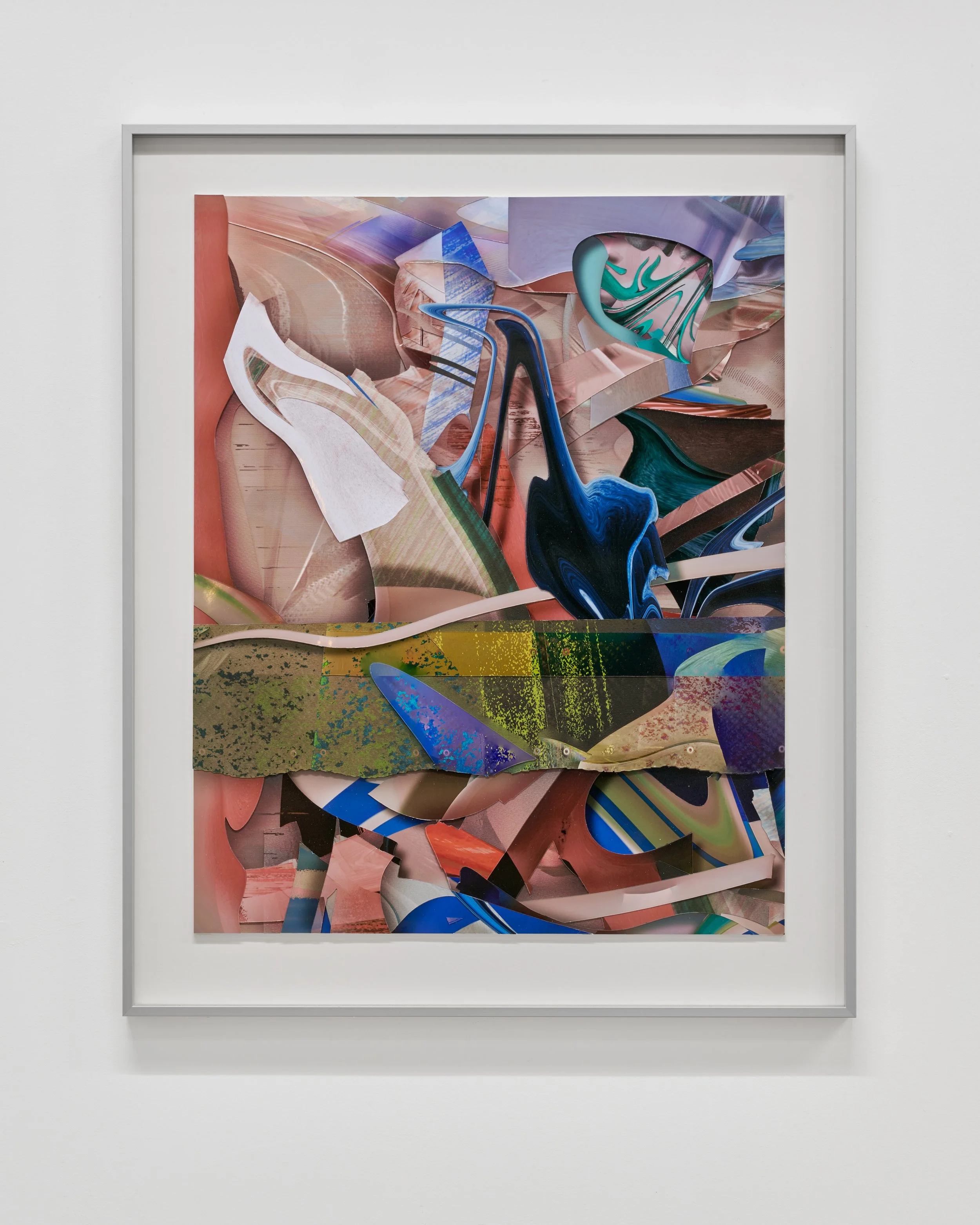 An abstract colorful artwork with swirling shapes and textures, framed in white, mounted on a white wall.