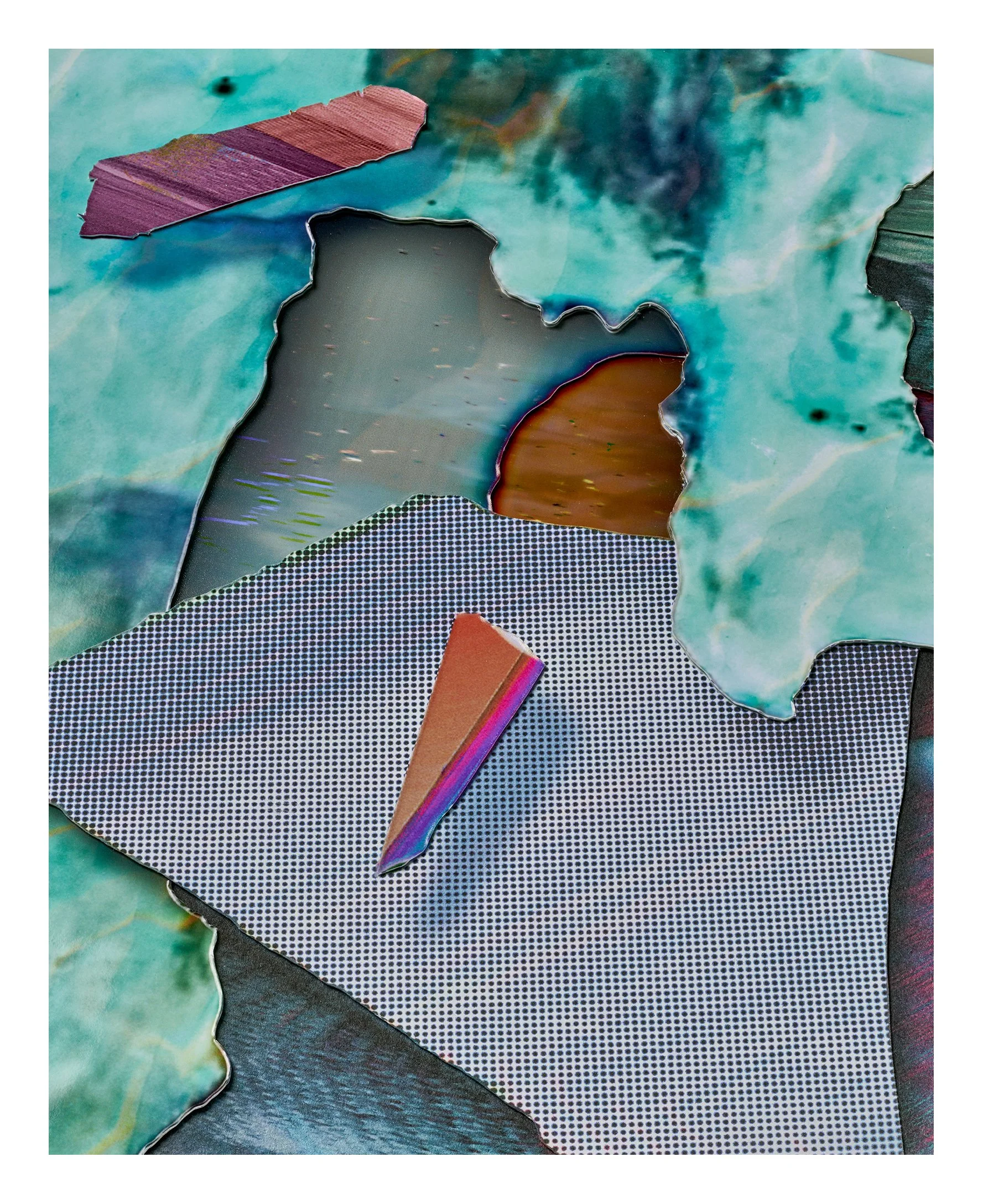 Close-up image of torn paper and collage pieces with abstract textures and colors.
