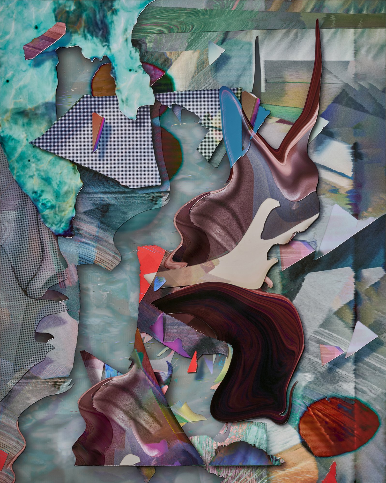 Abstract collage with torn paper pieces, vibrant colors, and swirling patterns.