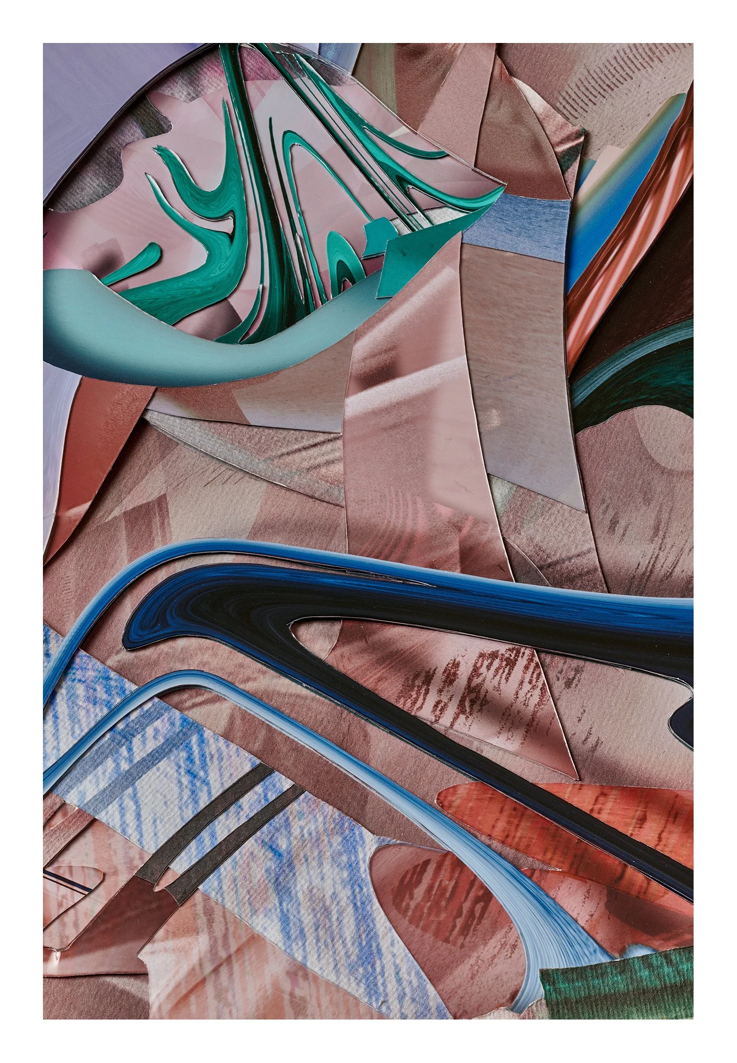 Abstract colorful swirls and shapes in shades of pink, blue, green, black, and brown, resembling a modern art collage.