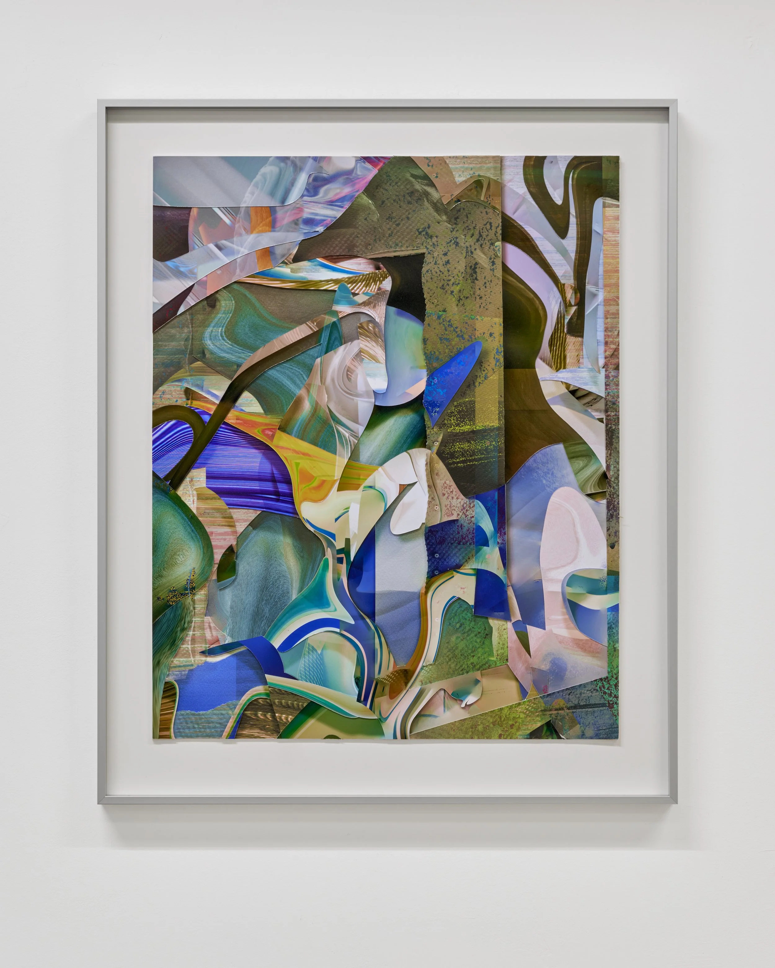 Abstract mixed media artwork with swirling colorful shapes, layered textures, and digital effects, framed and displayed on a white gallery wall.