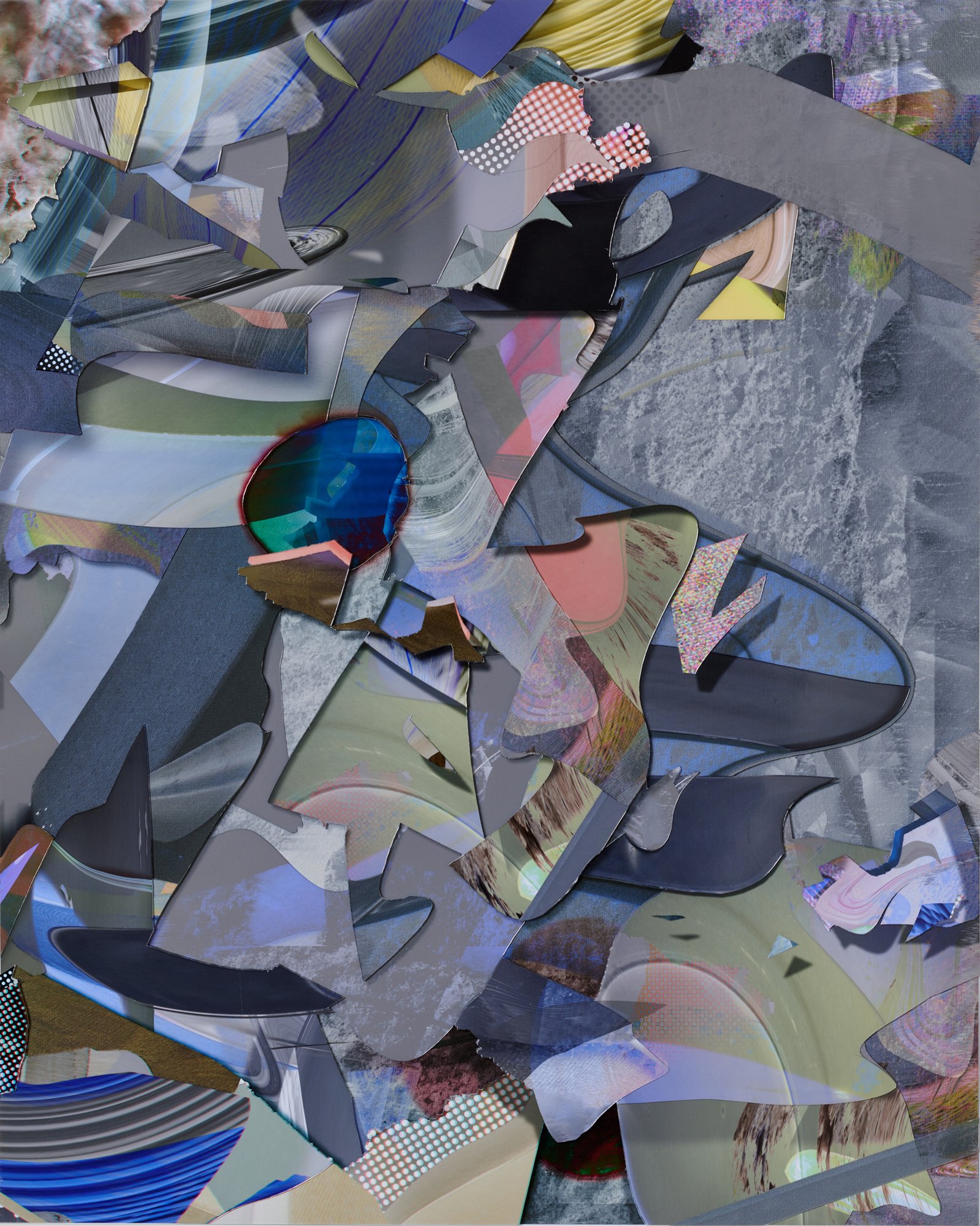 Abstract collage of various torn and cut pieces of colorful and monochrome paper, including some with patterns and textures, layered chaotically with some visible edges.