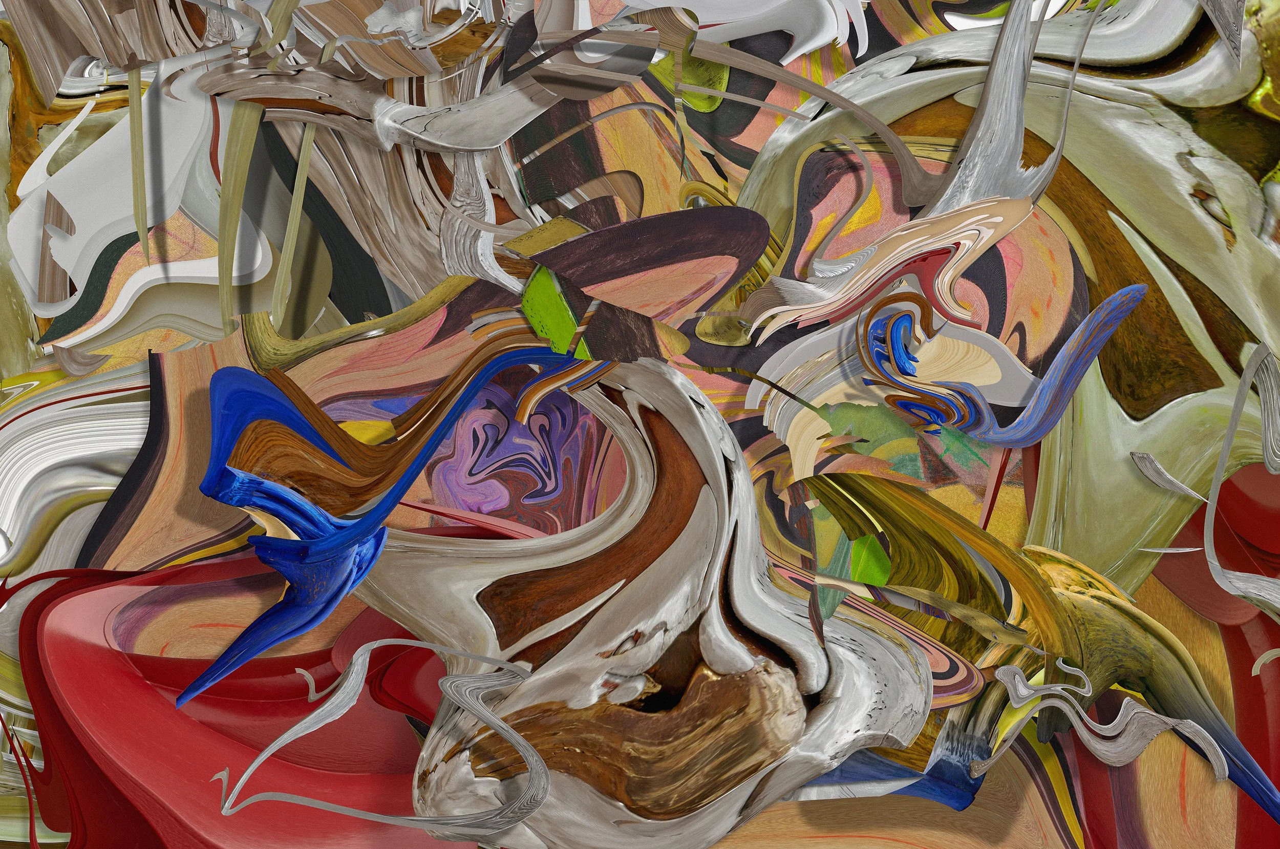 An abstract painting with swirling colors including white, red, blue, green, yellow, black, and brown.