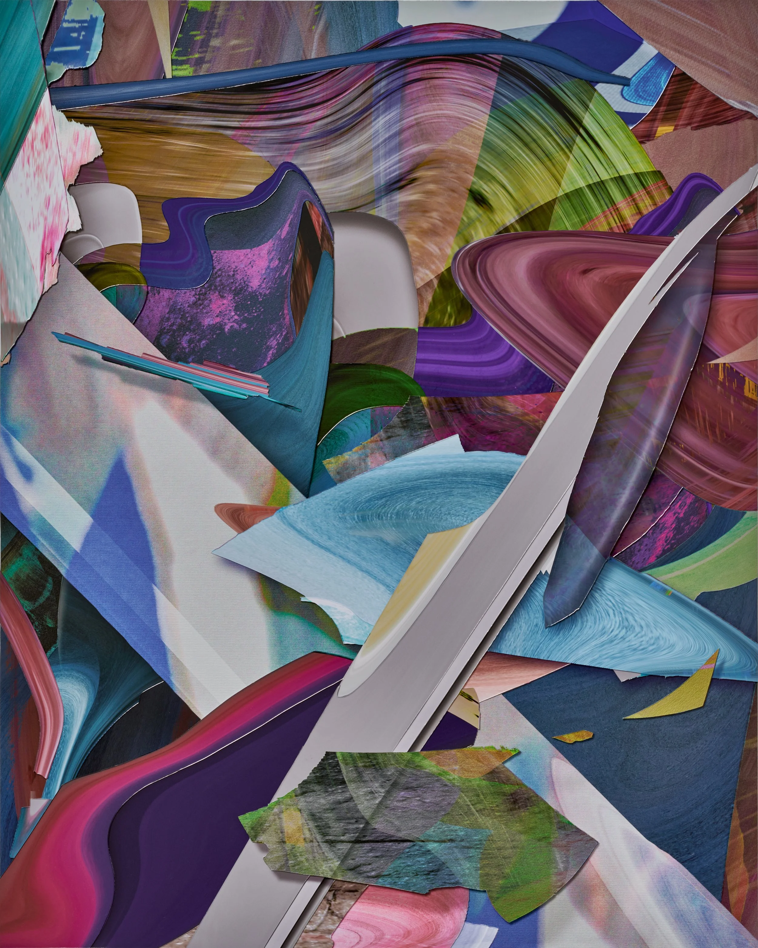 A collage of torn paper and magazine cutouts with swirling patterns and vibrant colors, including purple, pink, blue, green, and brown.