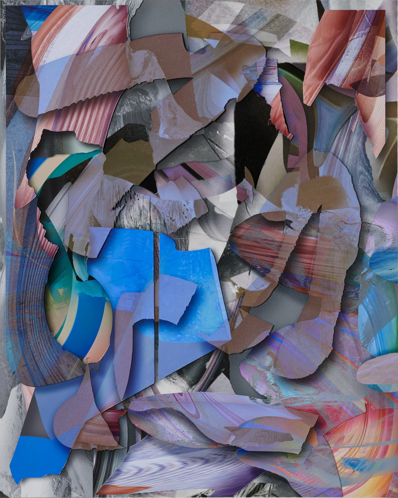 A collage of torn, overlapping paper and fabric pieces with various colors and textures, including blue, pink, purple, black, and grey.