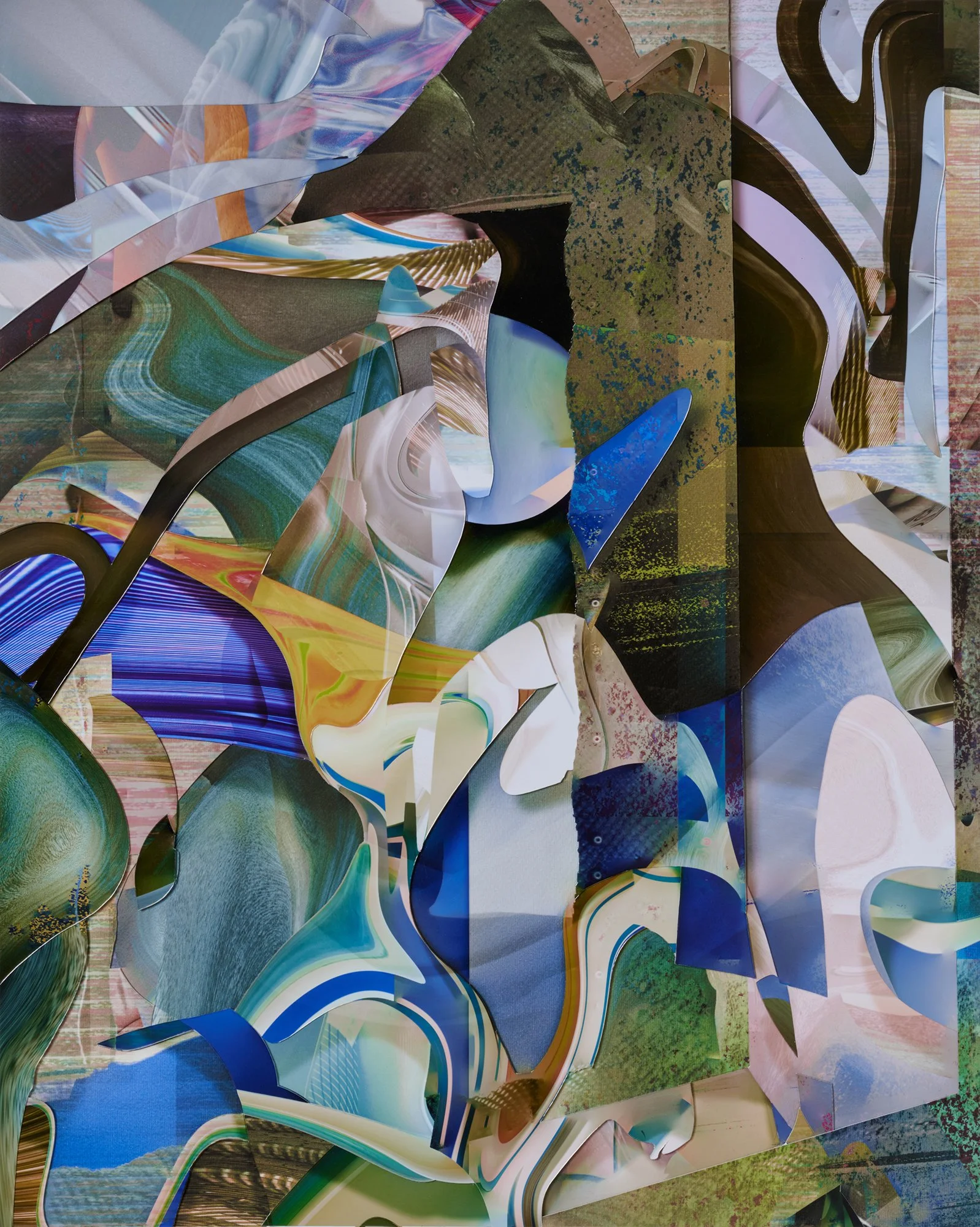 An abstract collage of various colorful geometric shapes and patterns arranged in a layered composition.