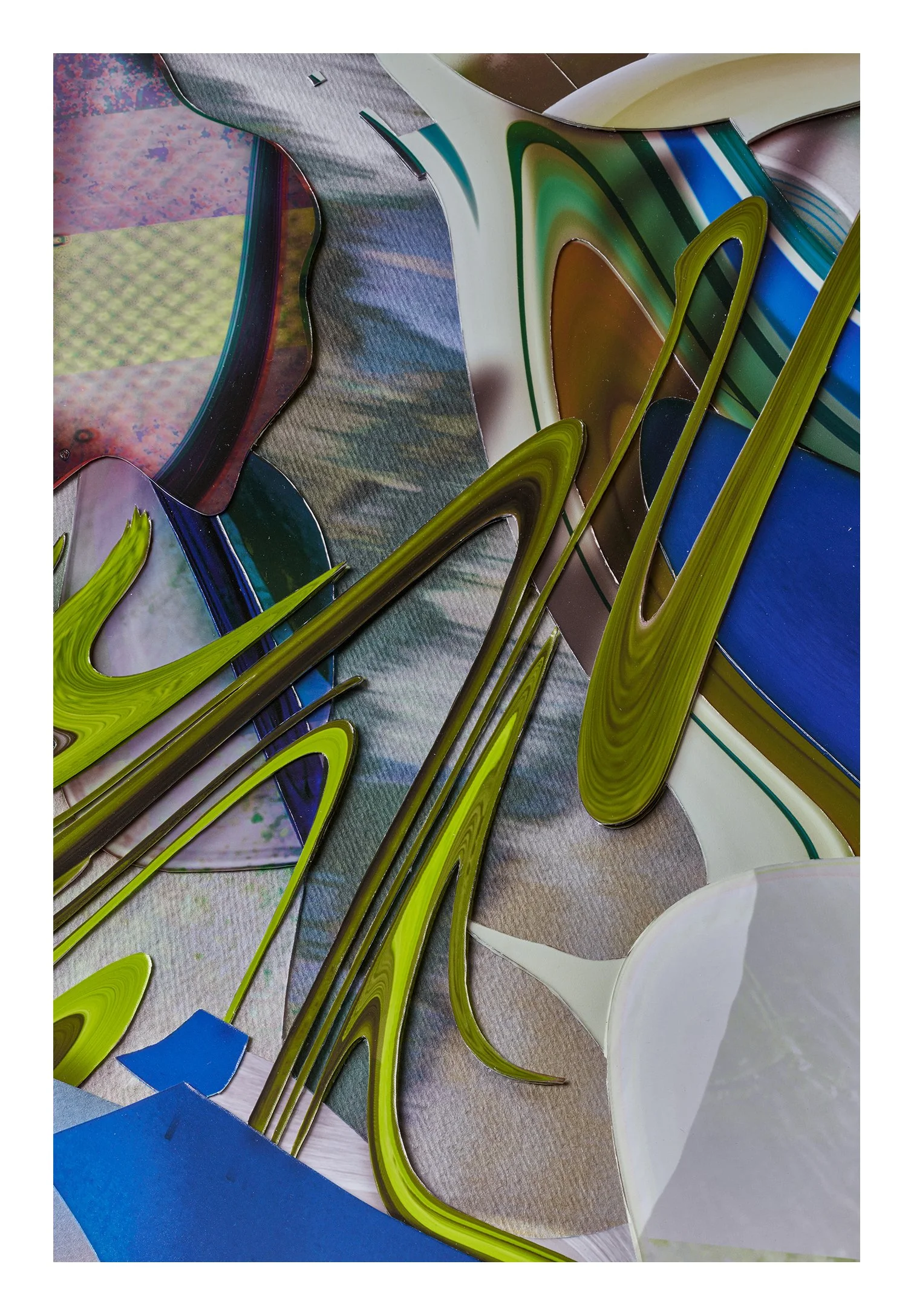 Close-up of colorful abstract metal art with flowing shapes in shades of green, blue, brown, and white, with some metallic and textured surfaces.