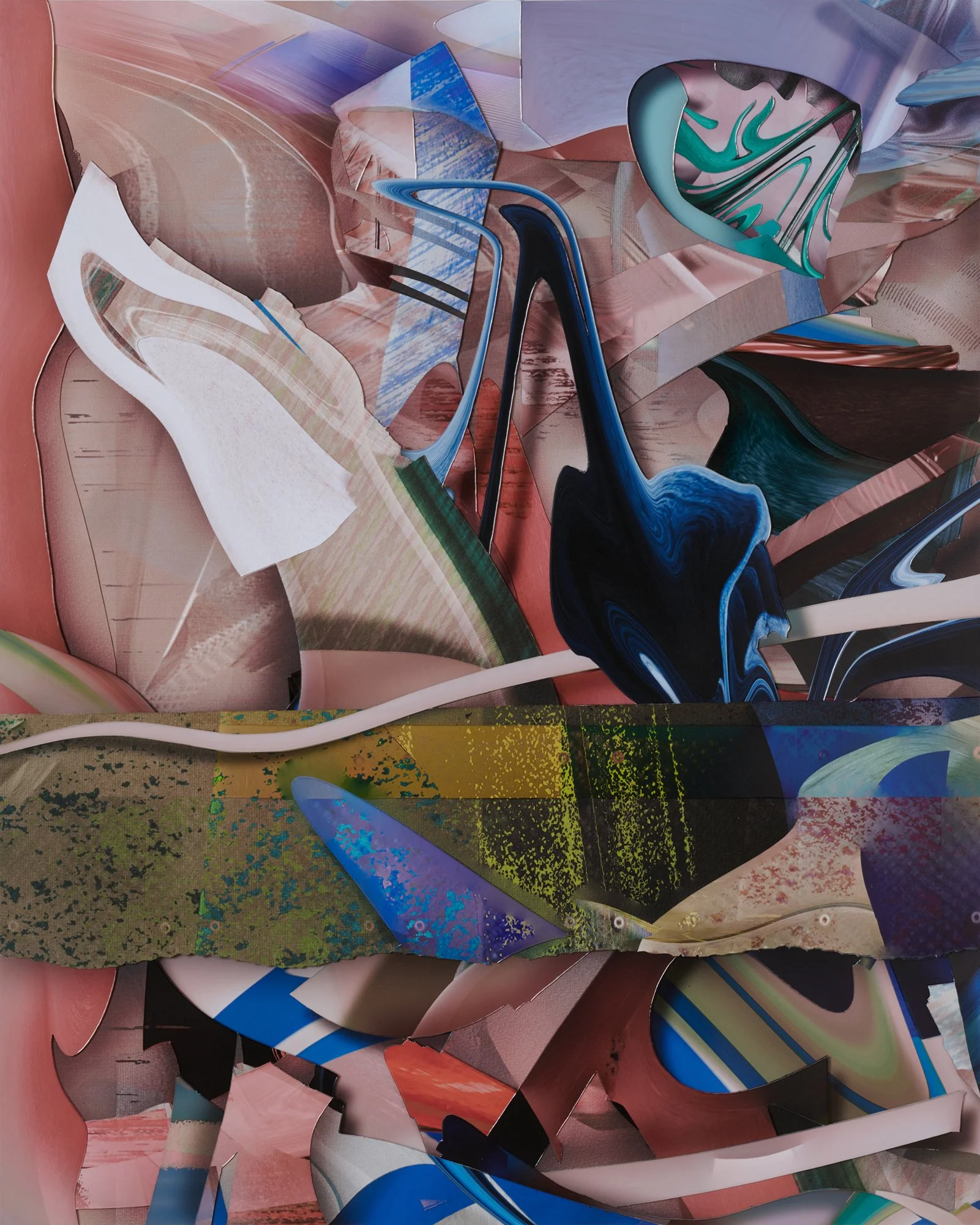 Abstract colorful digital collage with swirling shapes, splatters, and layered textures in shades of pink, blue, green, black, and white.