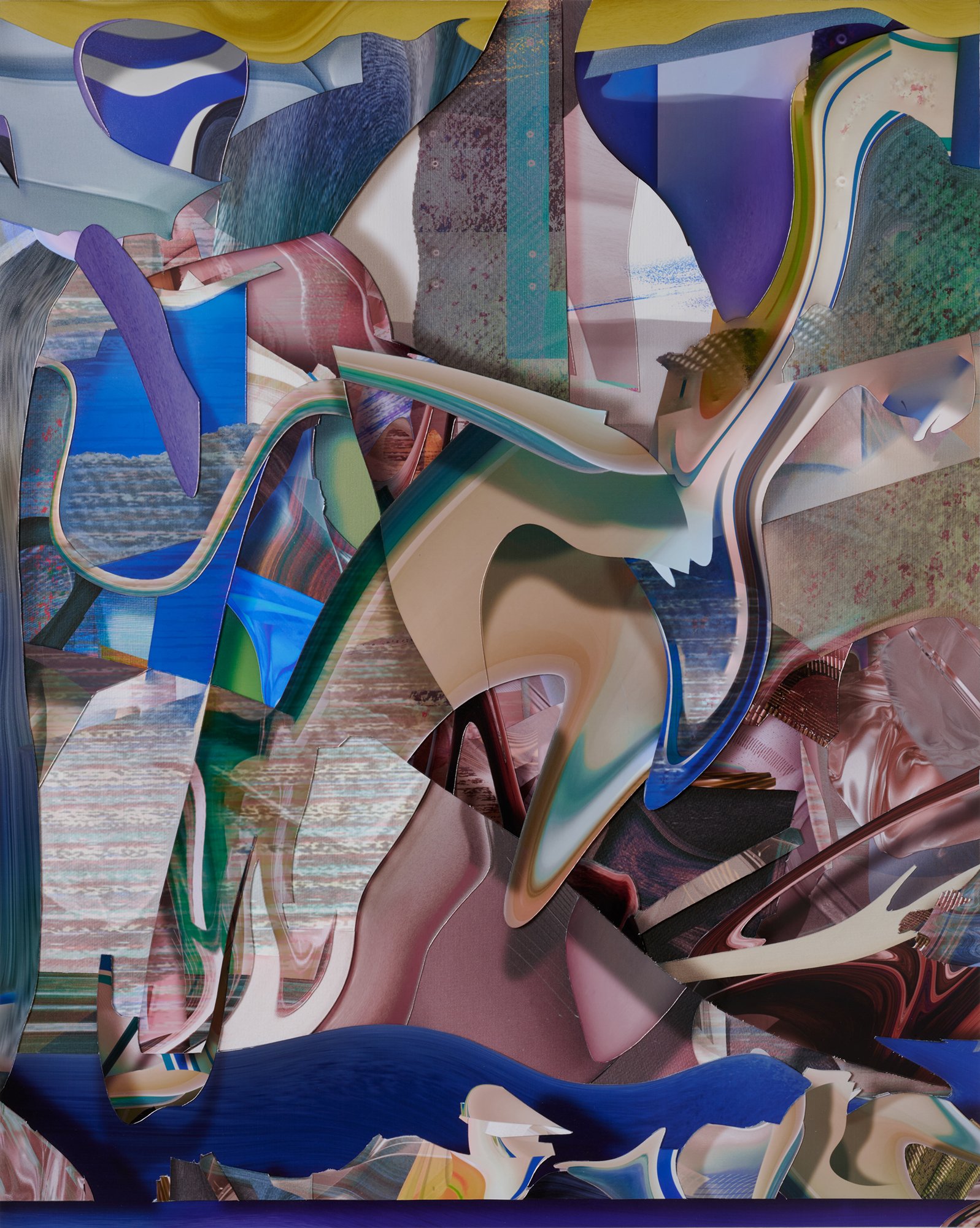Abstract colorful painting with swirling shapes and vibrant hues of blue, purple, pink, green, and beige.