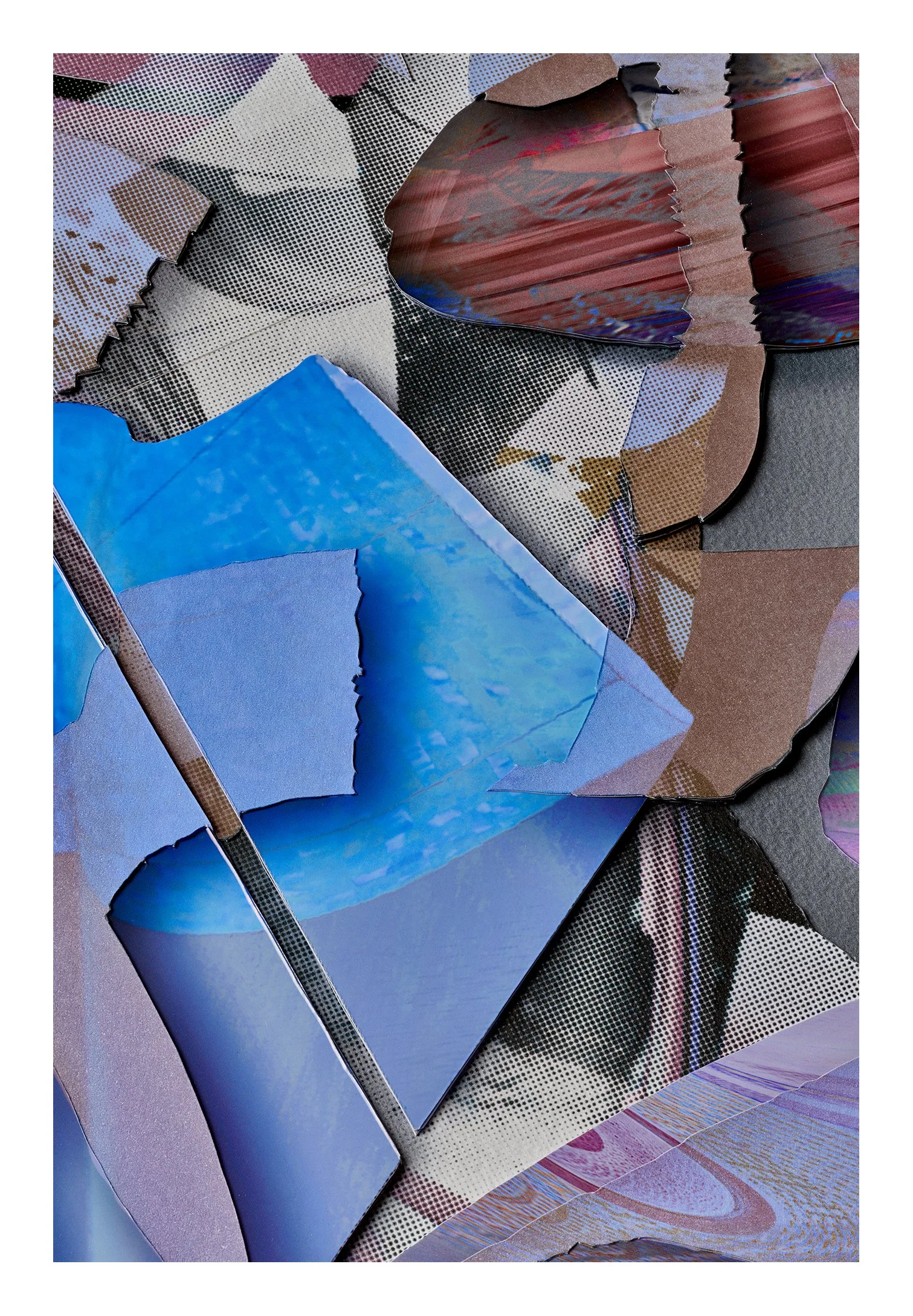 A collage of torn paper and photos with abstract patterns, including a clear blue sky with clouds and various textured surfaces.