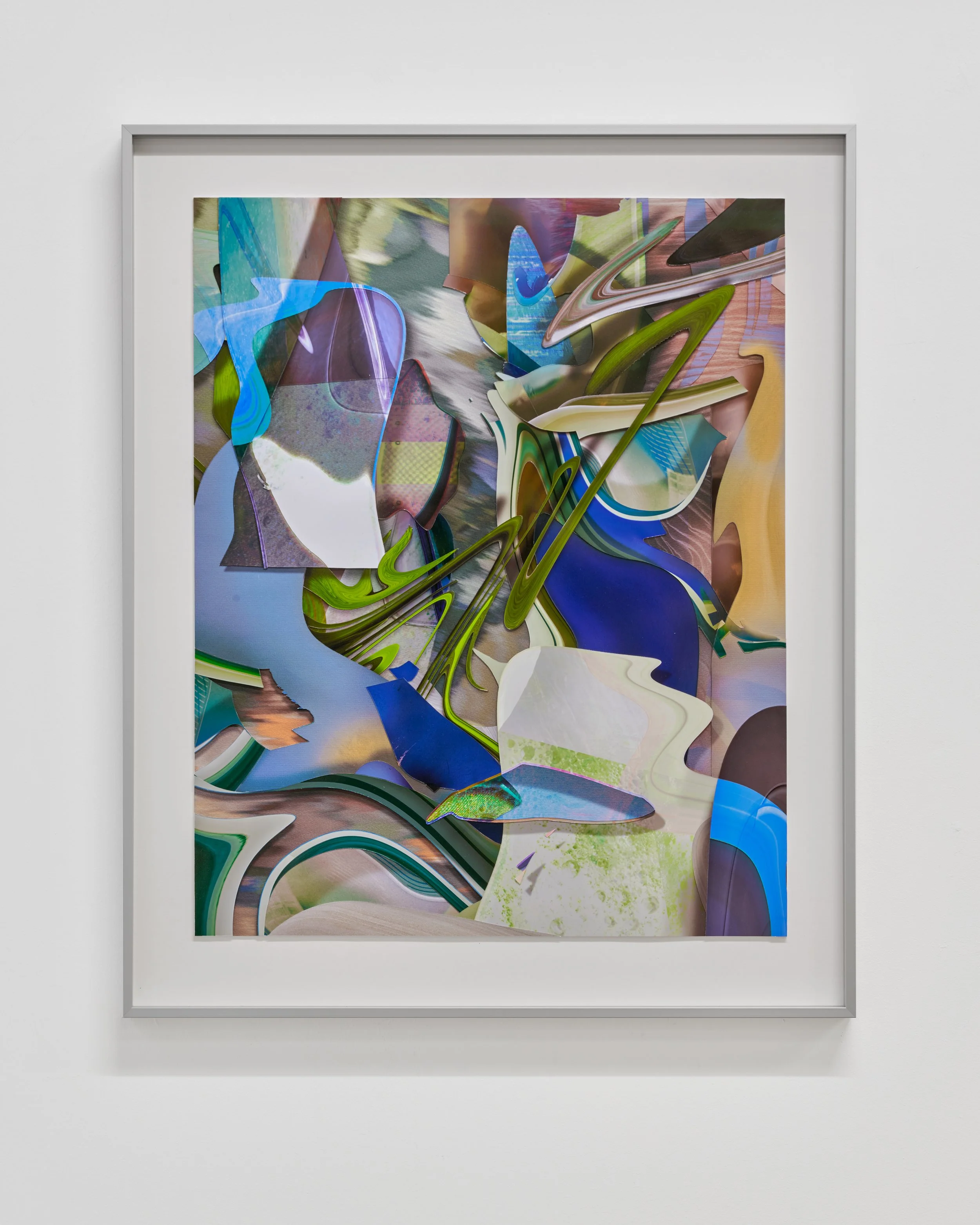 An abstract mixed media artwork with vibrant colors, flowing shapes, and layered textures displayed in a modern white frame.