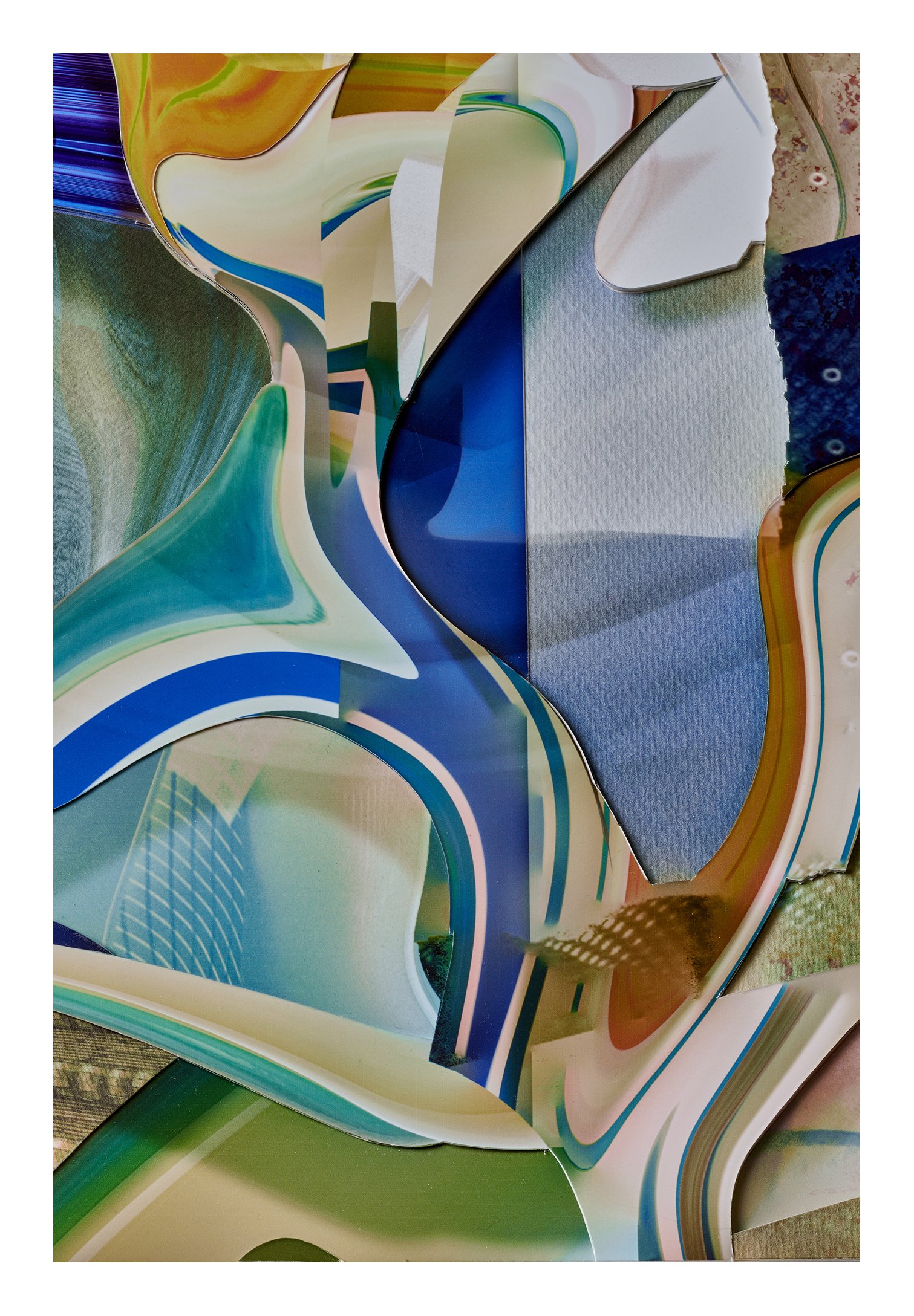 Close-up of a vibrantly colored abstract artwork with swirling patterns and layers of paint in blue, green, yellow, orange, and white, some paper torn or folded within the composition.