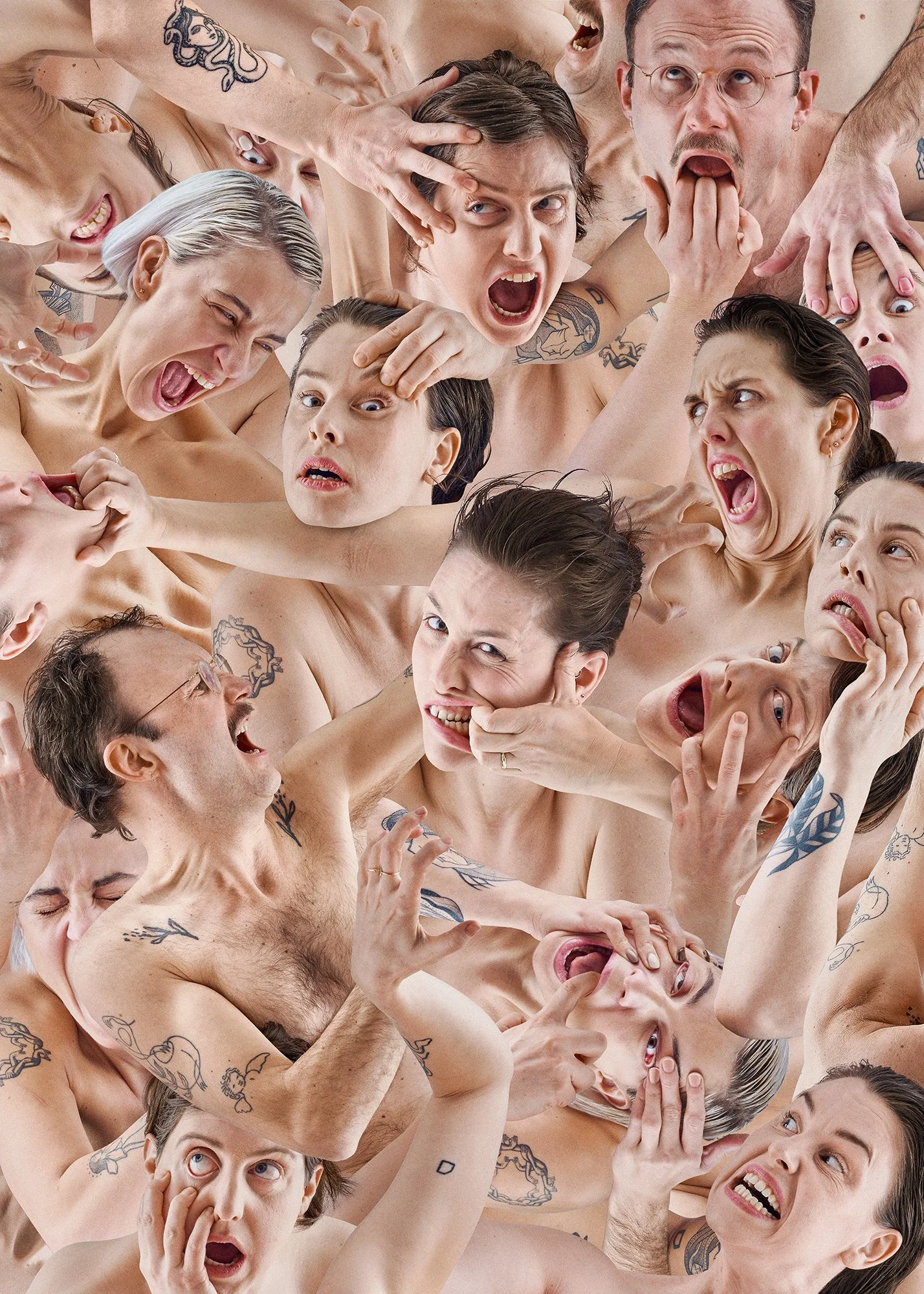 Multiple shirtless people with tattoos displaying various facial expressions, some with open mouths, wide eyes, and hands on their faces, appearing to be in distress or surprise.