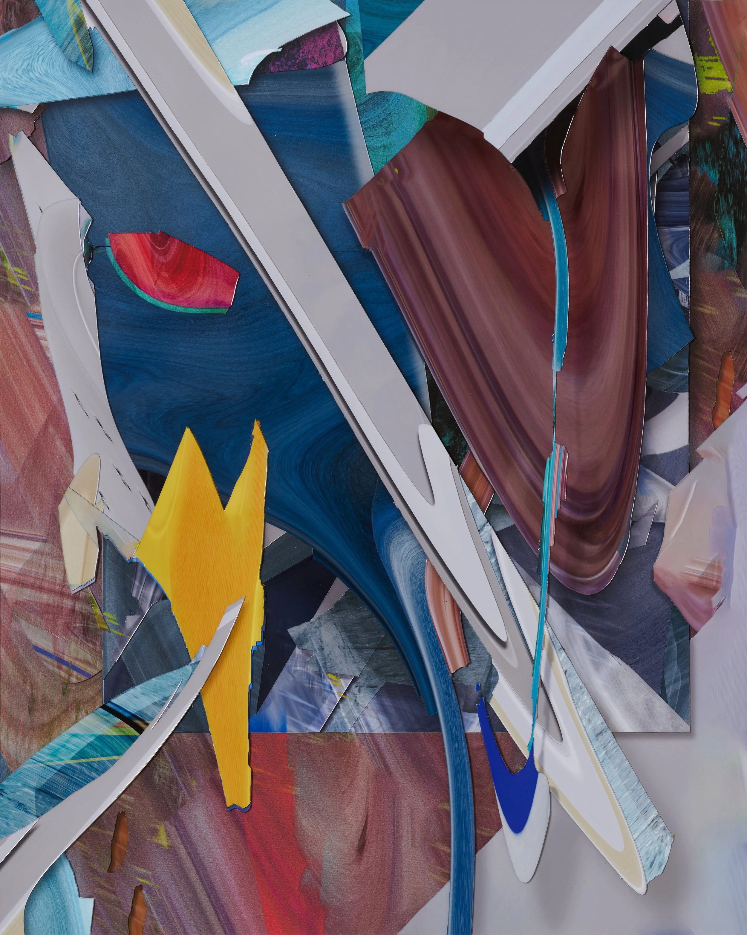 Abstract colorful collage of layered, torn, and painted paper with various textures and patterns.