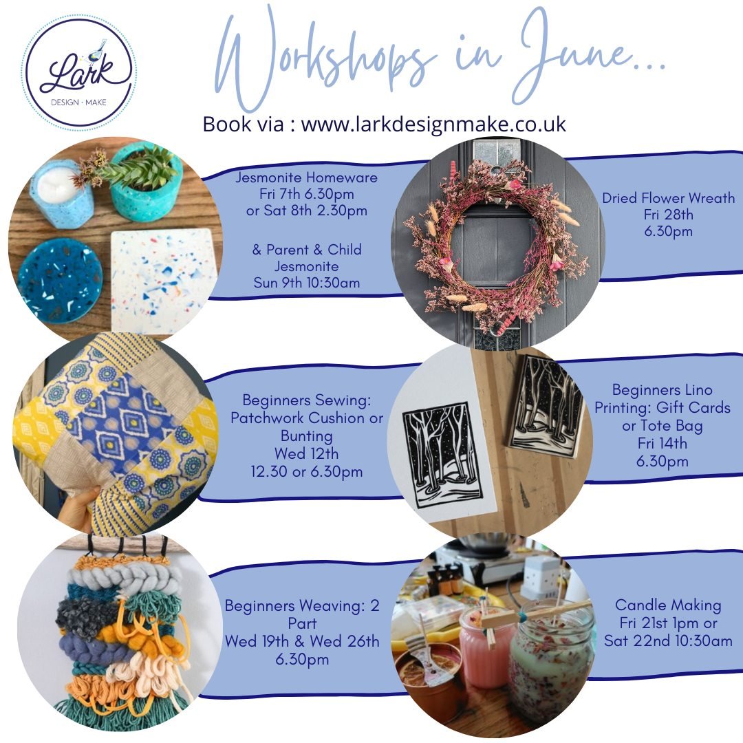 Fill your June with colourful crafting! 
Find out more and book your spot on our website - www.larkdesignmake.co.uk

@wiremakercardiff @emelyejamescreativestudio @berniebird_makes @joyhousecreations