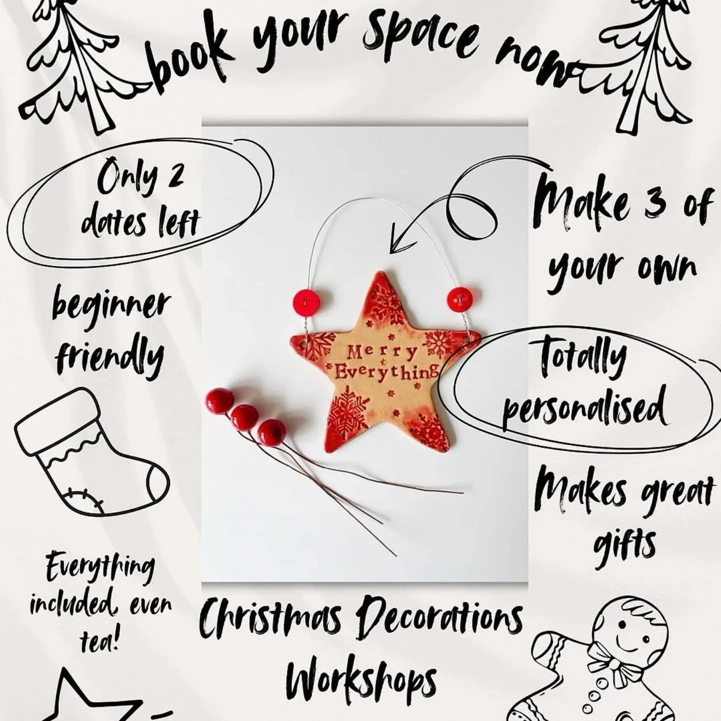 Just 2 dates left THIS YEAR for the Ceramic Decorations Workshop with @artful_pigeon at the studio so grab your tickets and get ready to make three beautiful personalised ceramic ornaments of your own. 

Go to WORKSHOP BOOKINGS on the website &amp; c