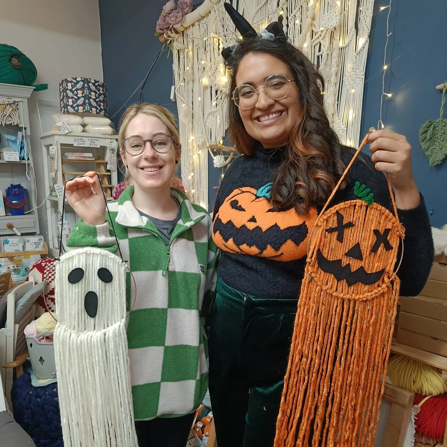 Spooky Season is here! Come and make the most of it and join us for a Craft Social on Thursday 30th October at 6.30pm - we're teaching you how to make these fun ghost and pumpkin macrame wall hangings for just &pound;15! 
We've also got a crafty soci