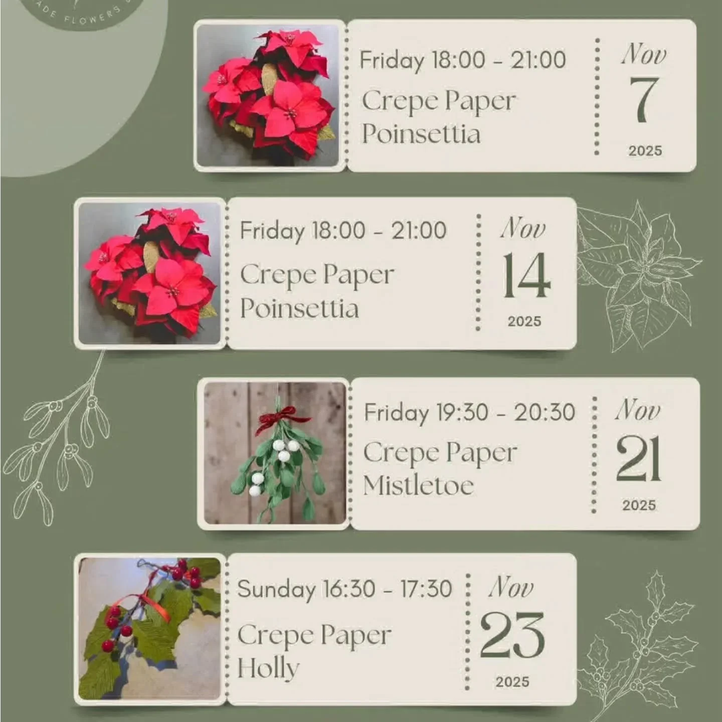 🎄 Craft Your Christmas Forever Blooms!

​Want to keep your festive flowers year after year? Join our Crepe Paper Workshops and learn to craft beautiful, reliable, and durable forever blooms!

Paper flowers offer an everlasting bloom that will never 