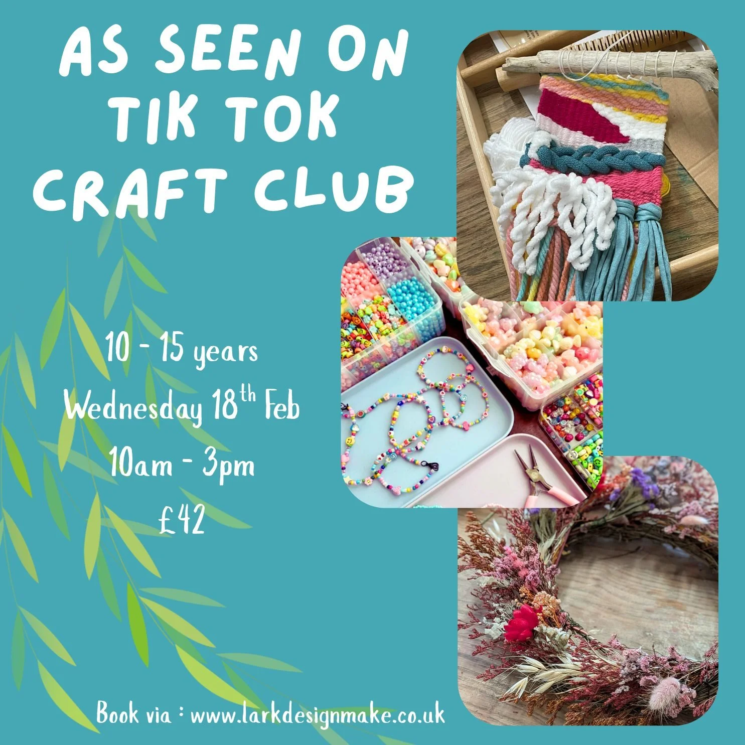 February half term craft clubs loading...
If you've got a tik tok obsessed 10-15 year old, this one is for them! On-trend crafts including weaving, dried flower wreaths &amp; the very special Lark Bead Bar! 

Grab spaces while they are around!
