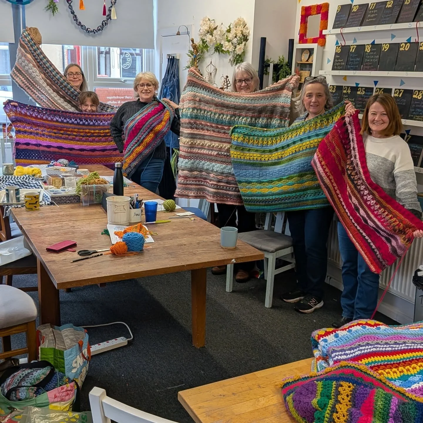 Gonna miss these weekly sessions! This is our 4 week crochet multi stitch blanket course which always gets everyone fully 'hooked' - the colour ways this year are truly amazing and we've had such a laugh as we've hooked away! 
I know, I know, I need 