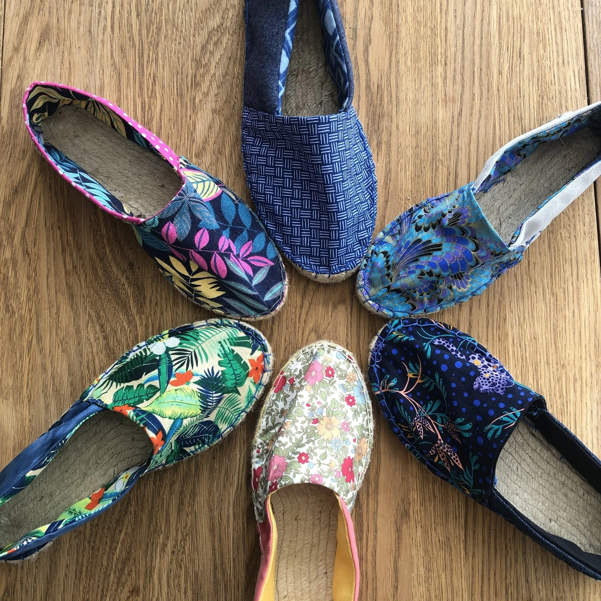 Espadrilles are back are it's just &pound;20 to make a pair!!! All you need to provide is the top fabric - info about that is in the listing - we provide everything else, even lots of cuppa's and biccies as you work ;-) 

We have decided to teach it 