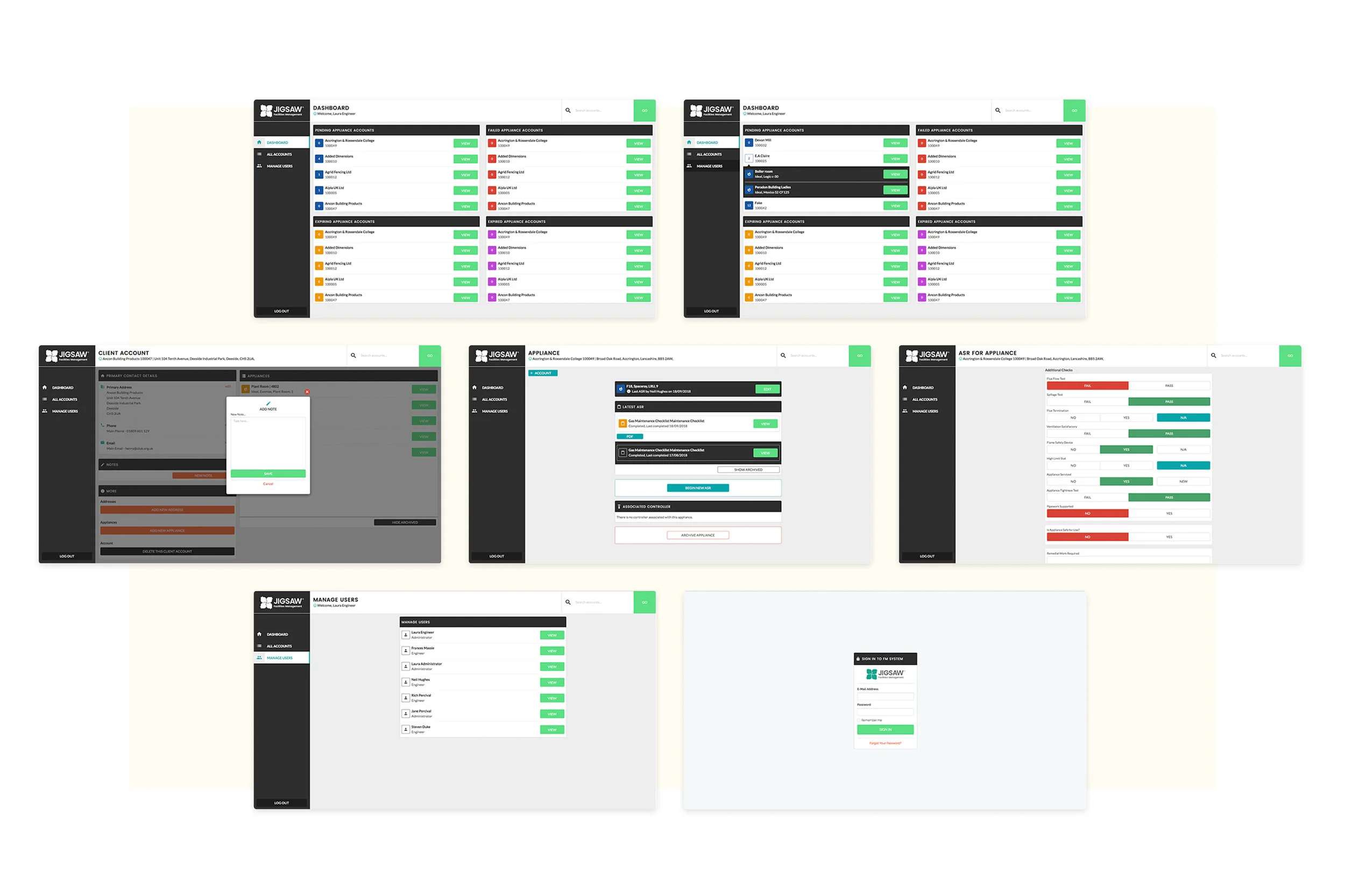  The aim of the system is to keep track of the installation and maintenance of client appliances at multiple addresses. Each UI element has been designed to be responsive and consistent across all devices, with the knowledge that the system would be 
