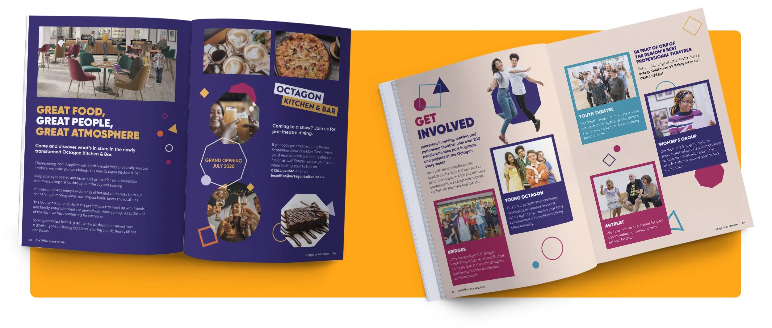  It was important that the Octagon’s new identity communicated how engaging, entertaining and down to earth the theatre really is. By combining a vibrant colour palette and diverse shapes with messaging that is bold and straight to the point, we land