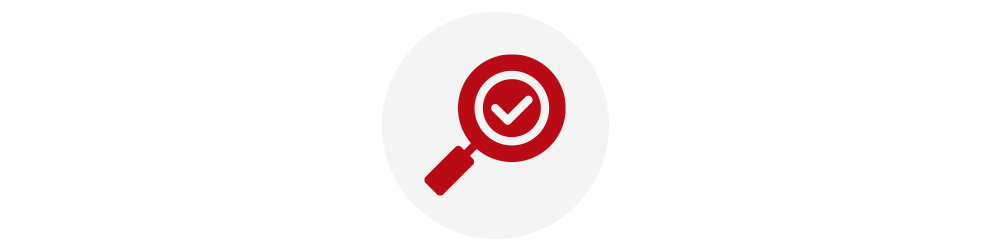 Red inspection icon of a magnifying glass with a check mark