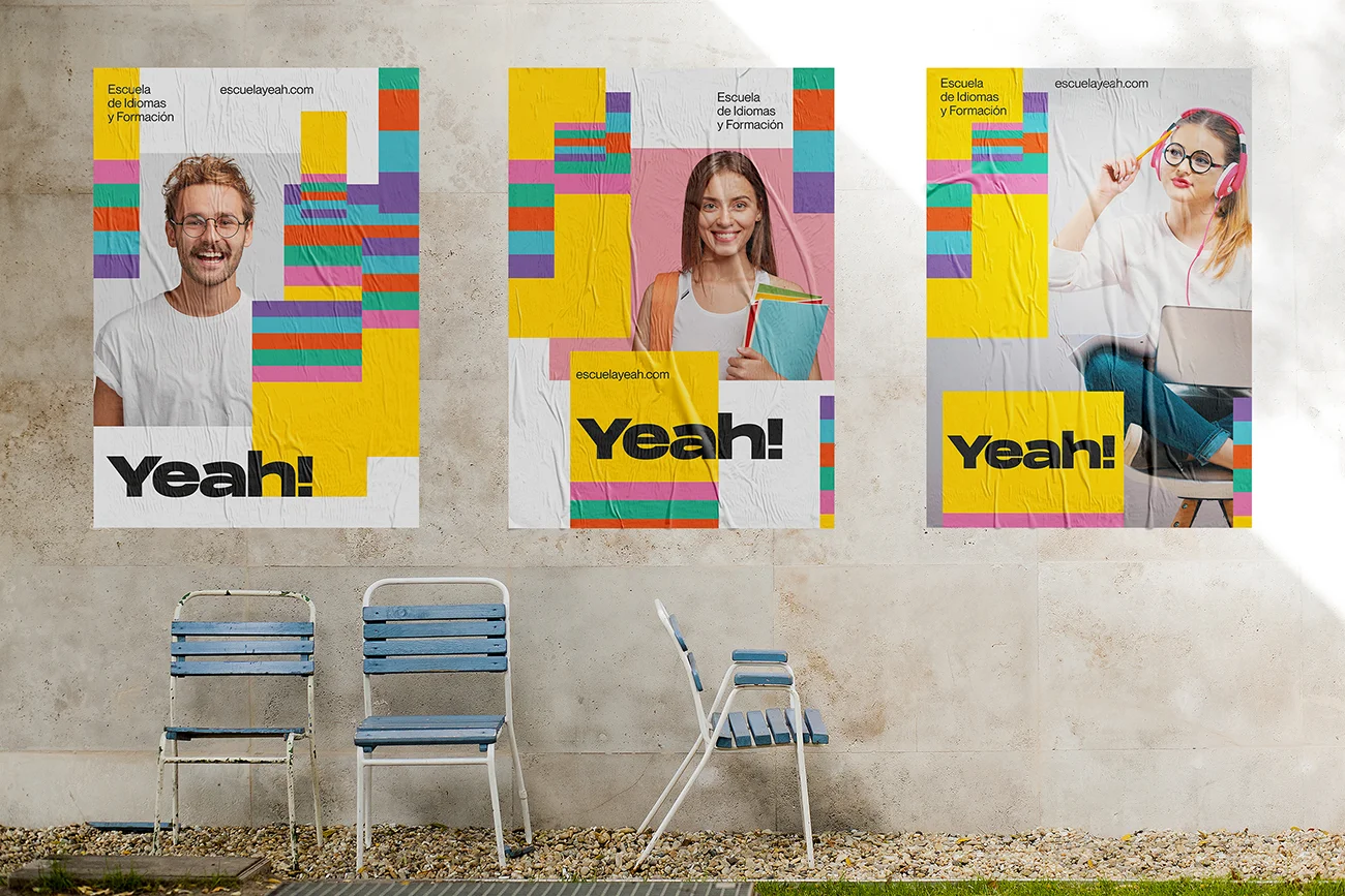 Creación de naming + diseño de marca para Escuela de Idiomas y Formación. YEAH! es un grito de optimismo, diversión y buen rollo. YEAH! invita a sus alumnos a formarse y aprender un idioma de manera alegre, divertida y desenfadada, y es lo que hemos querido trasladar al diseño de la imagen corporativa.