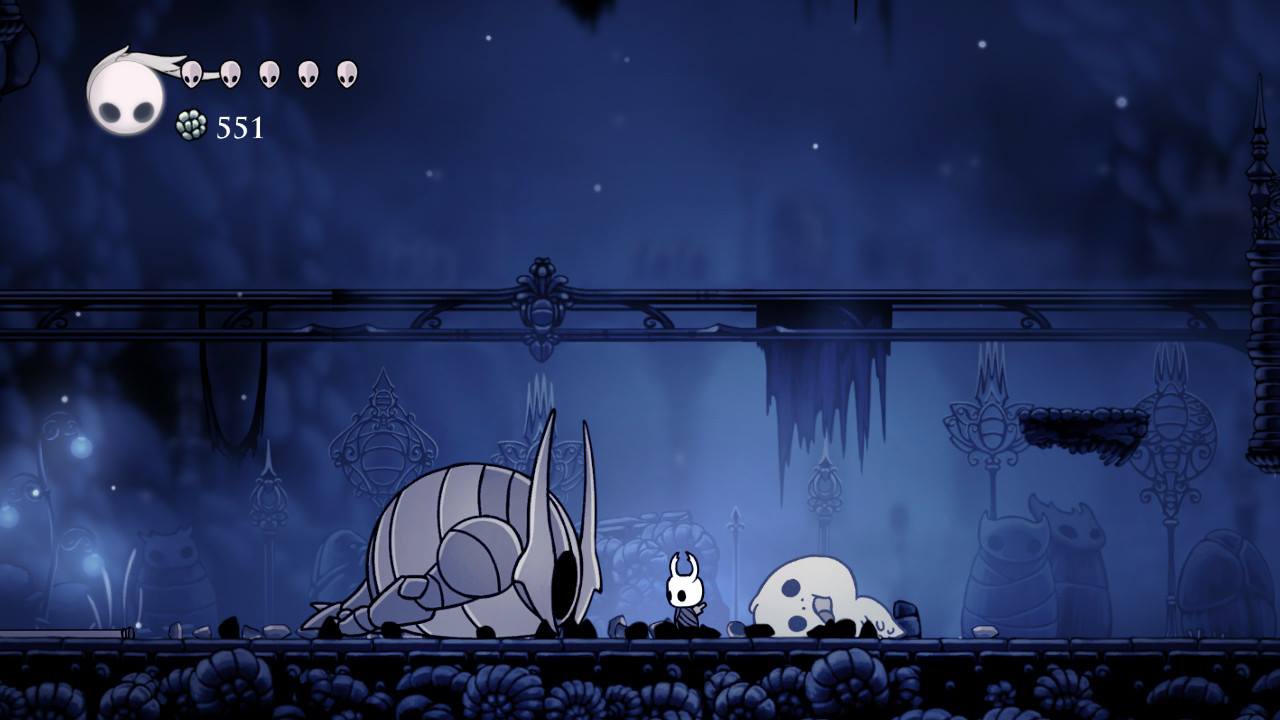Hollow Knight. My protagonist after he beat his first boss, the False Knight in the Forgotten Crossroads.