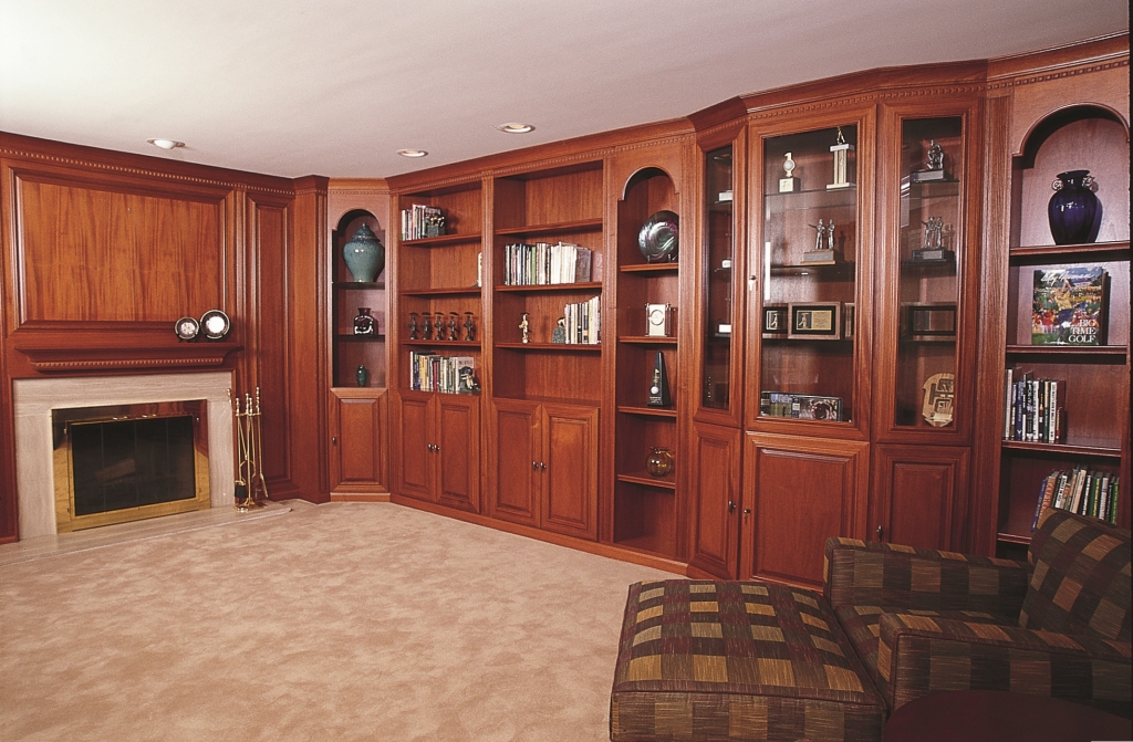 Home library paneling and bookcases.