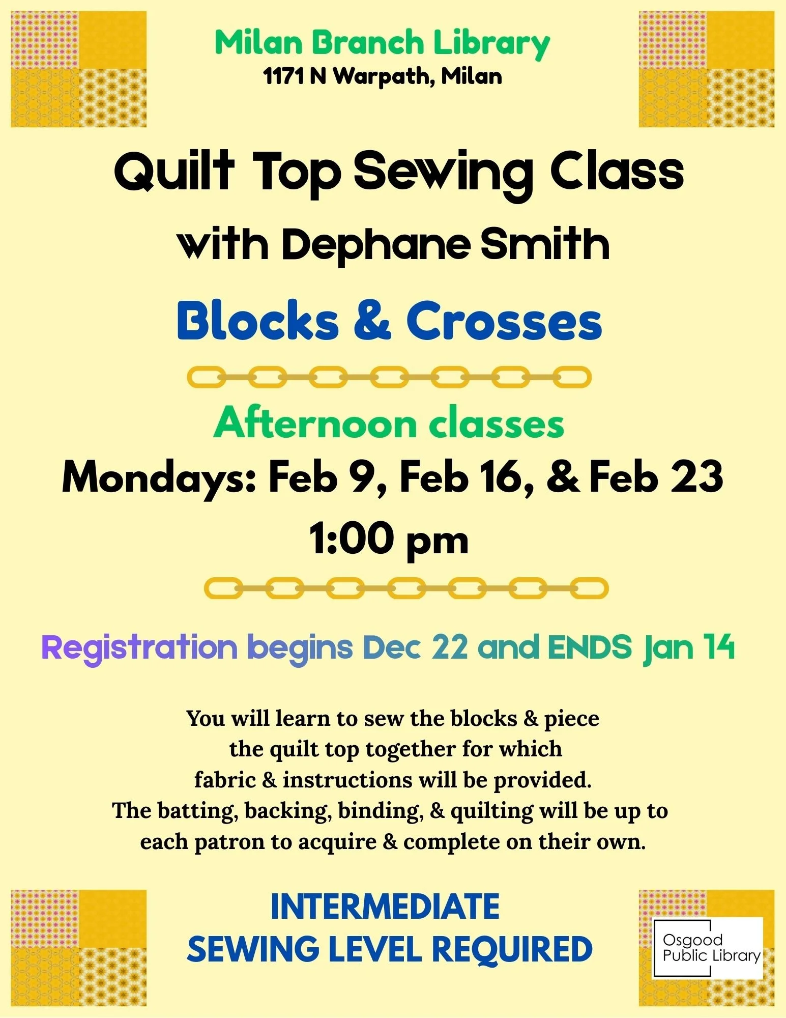 ADULTS-Quilt Top Sewing Class (Last day to sign up)