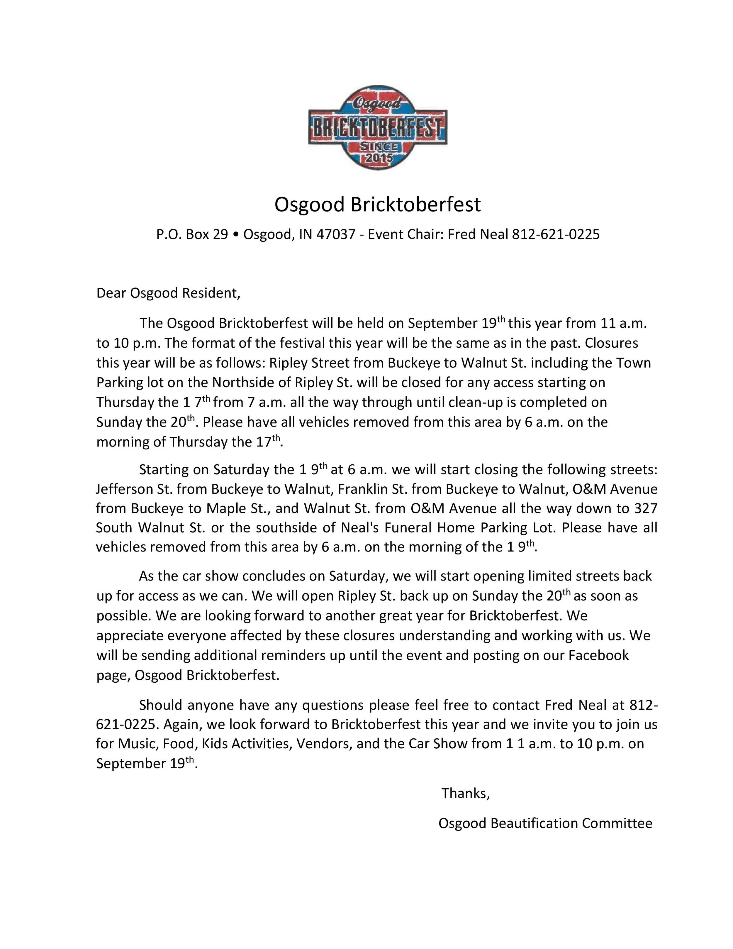 STREET CLOSURES FOR BRICKTOBERFEST