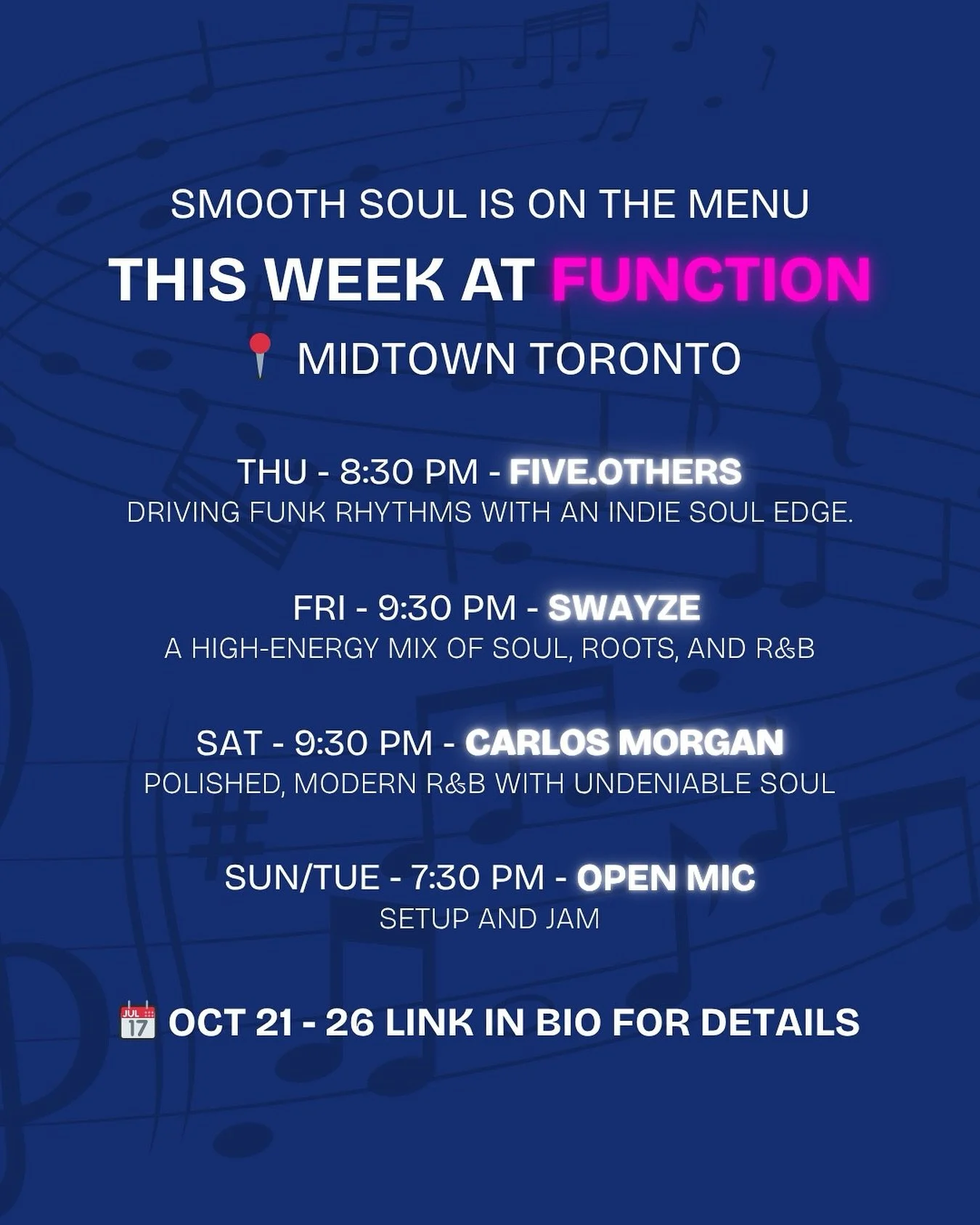 Soul served three ways this week @functionbarto!
Thursday, Oct 23 - Psychedelic, Groovy, Jazzy Soul by @five.others from 8:30–11:30 pm (pwyc) 
Friday, Oct 24 - Roots, R&B, and Motown classics from Al Green to Fleetwood Mac by @swayzeband