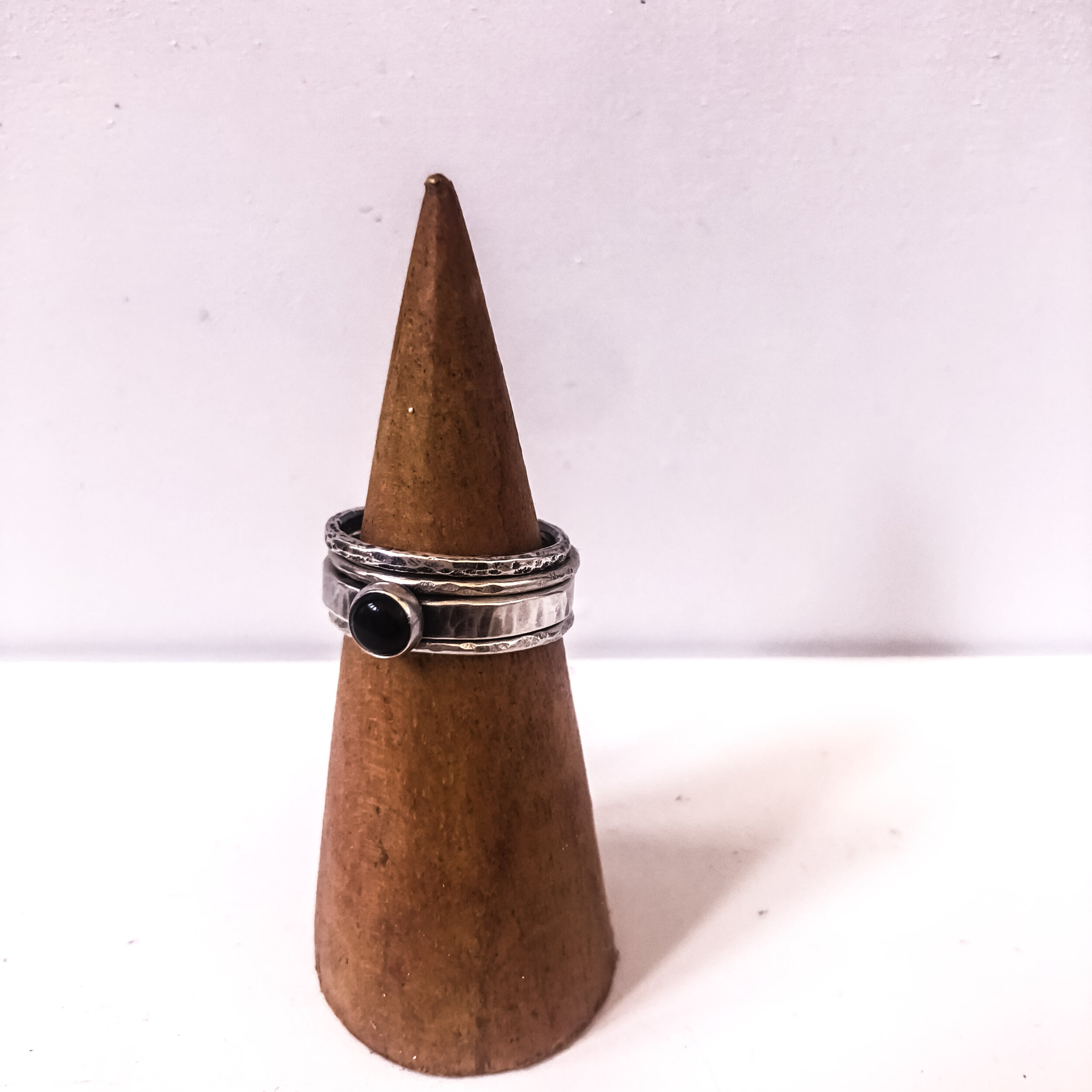 Silver and onyx ring stack