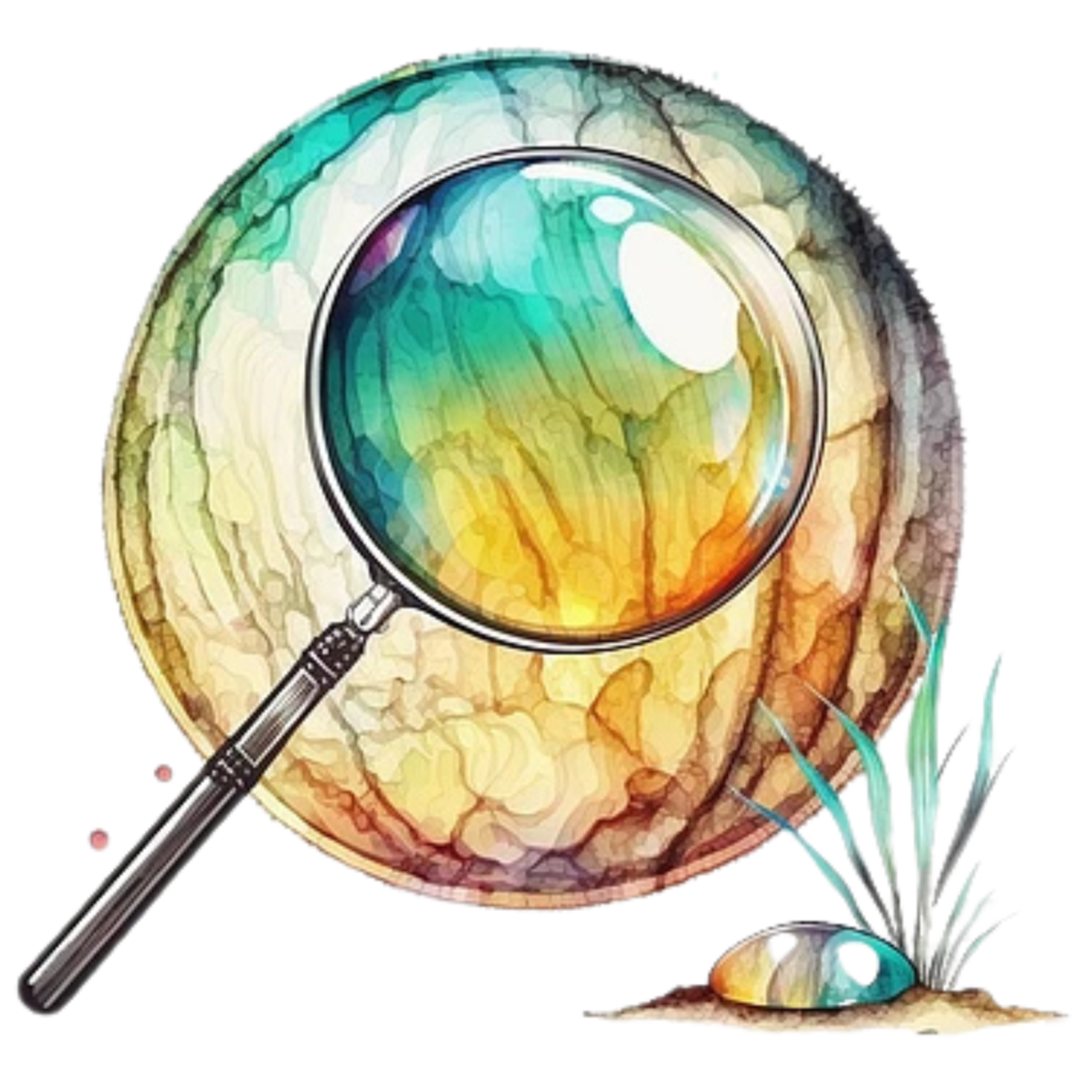 An illustration of a magnifying glass over a colorful, textured spherical object, with a small smooth stone and blades of grass below.
