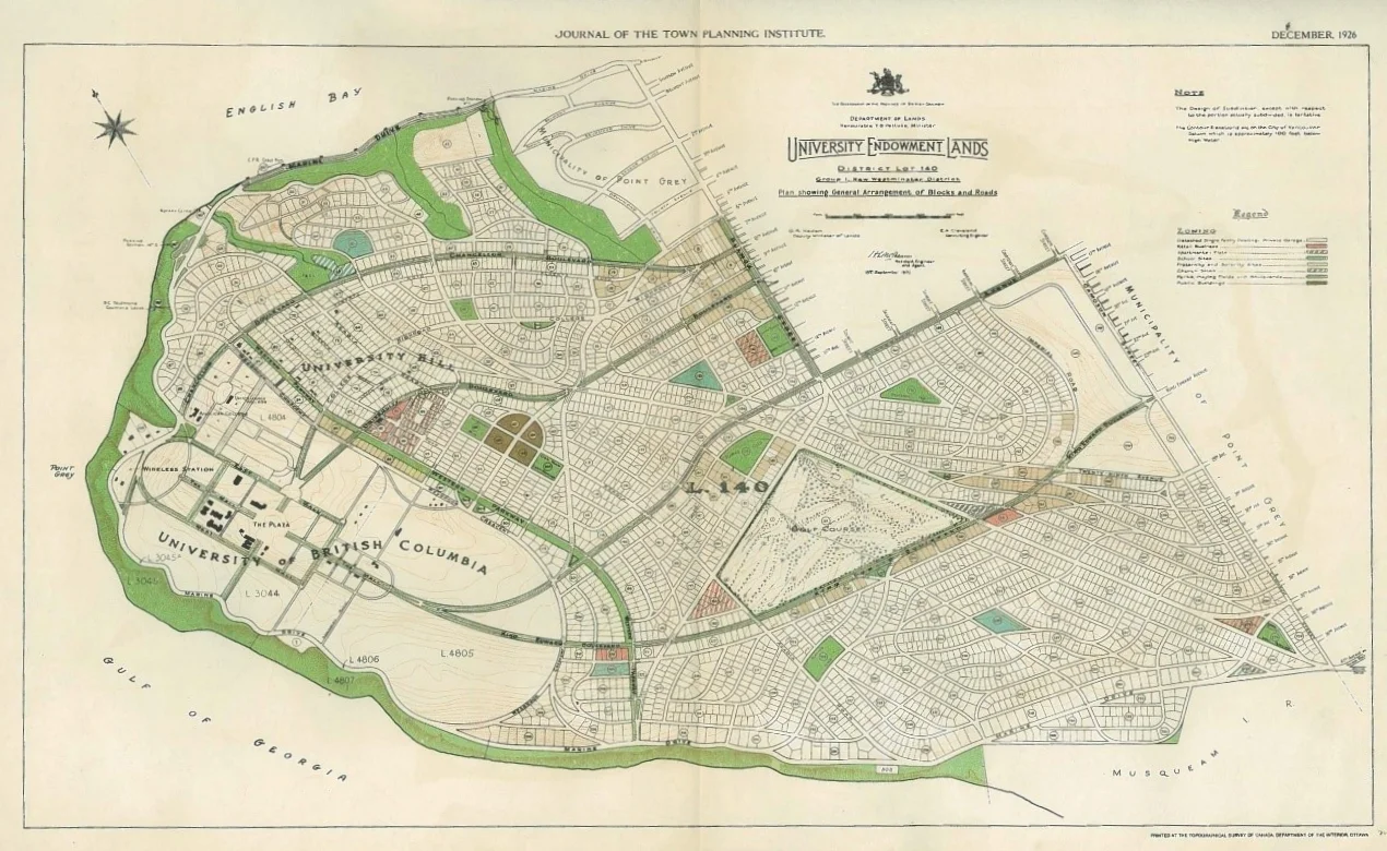 1926 Plan map for campus - Illustrating Plans to develop housing in the area that is now Pacific Spirit Park