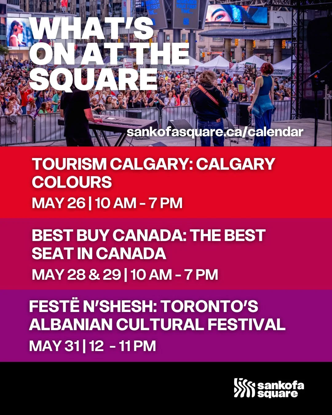 📍 WHAT&rsquo;S ON AT THE SQUARE ✨⁠
⁠
More exciting activations are coming to Sankofa Square this May:⁠
⁠
☀️ TOURISM CALGARY PRESENTS: CALGARY COLOURS⁠
📅 Tuesday, May 26 | 10 AM &ndash; 7 PM⁠
Step into an immersive Calgary experience featuring compl