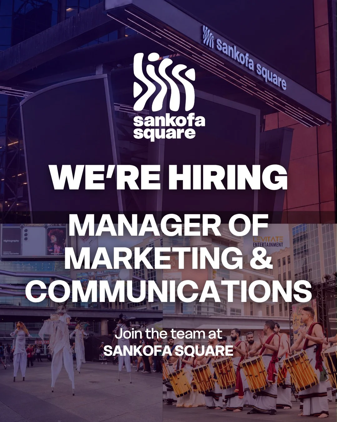 📣 WE&rsquo;RE HIRING!⁠
⁠
Sankofa Square is looking for a Manager of Marketing &amp; Communications to join our team.⁠
⁠
This is an exciting opportunity to help shape the story of one of Toronto&rsquo;s most prominent public spaces, leading marketing