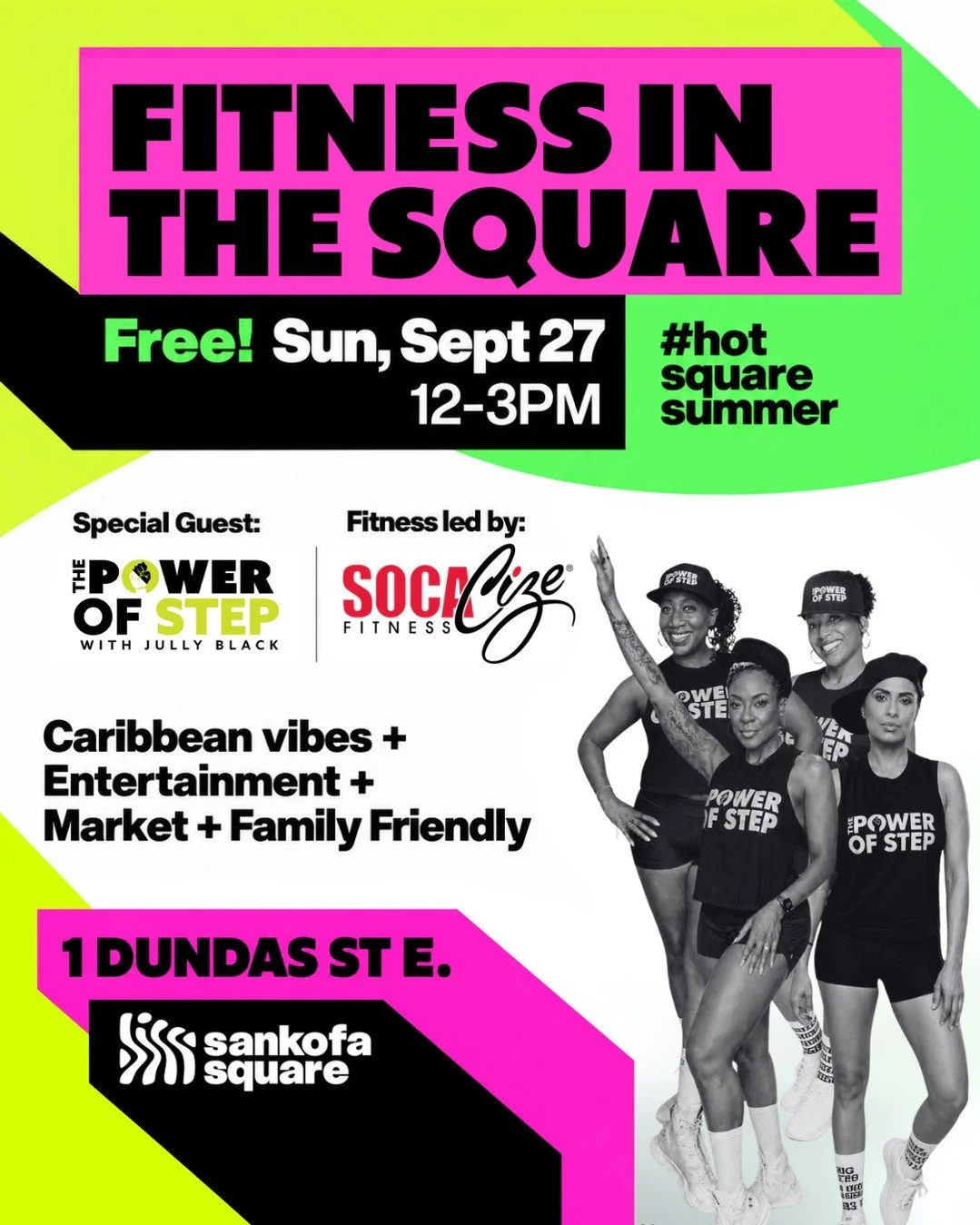 One last chance to sweat it out at the Square! 🔥💪⁠
⁠
Join us for the FINAL #HotSquareSummer event of the season as Jully Black &amp; @thepowerofstep team up with @socacize Fitness for a FREE Caribbean-inspired fitness experience at Sankofa Square!⁠