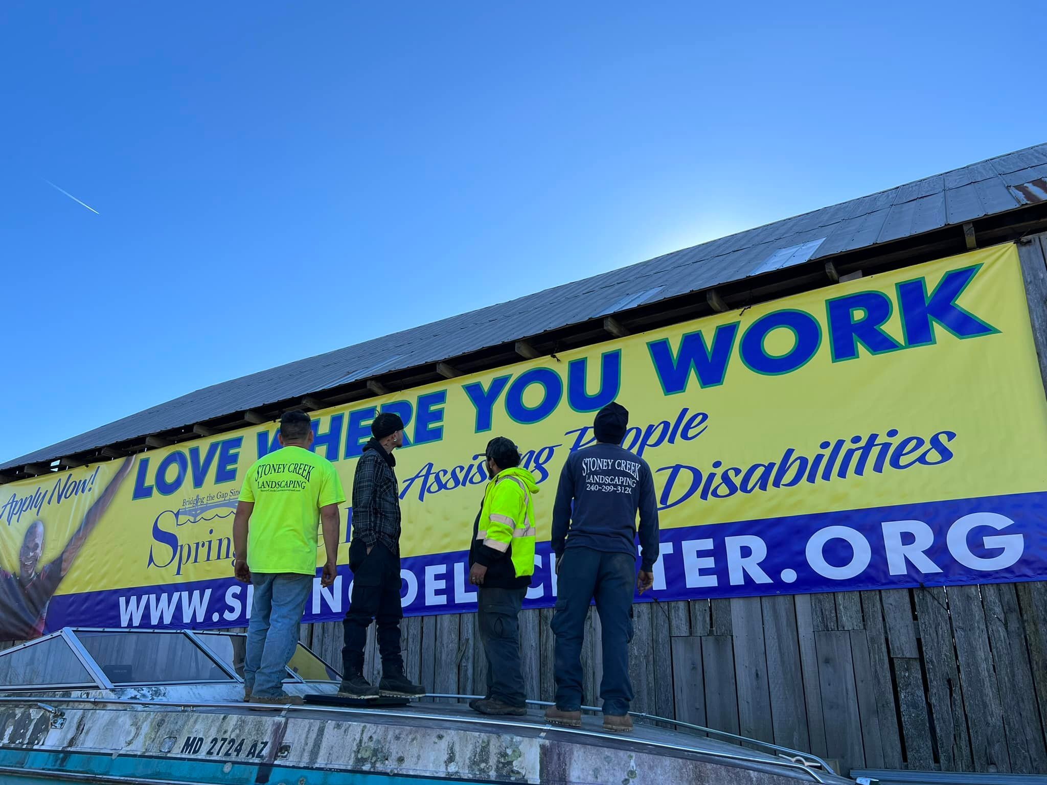 A Big Thank You to my Stoney Creek Contractors crew for taking the time out of their day to hang the awesome Spring Dell Center banner! It is our honor to support this great organization!