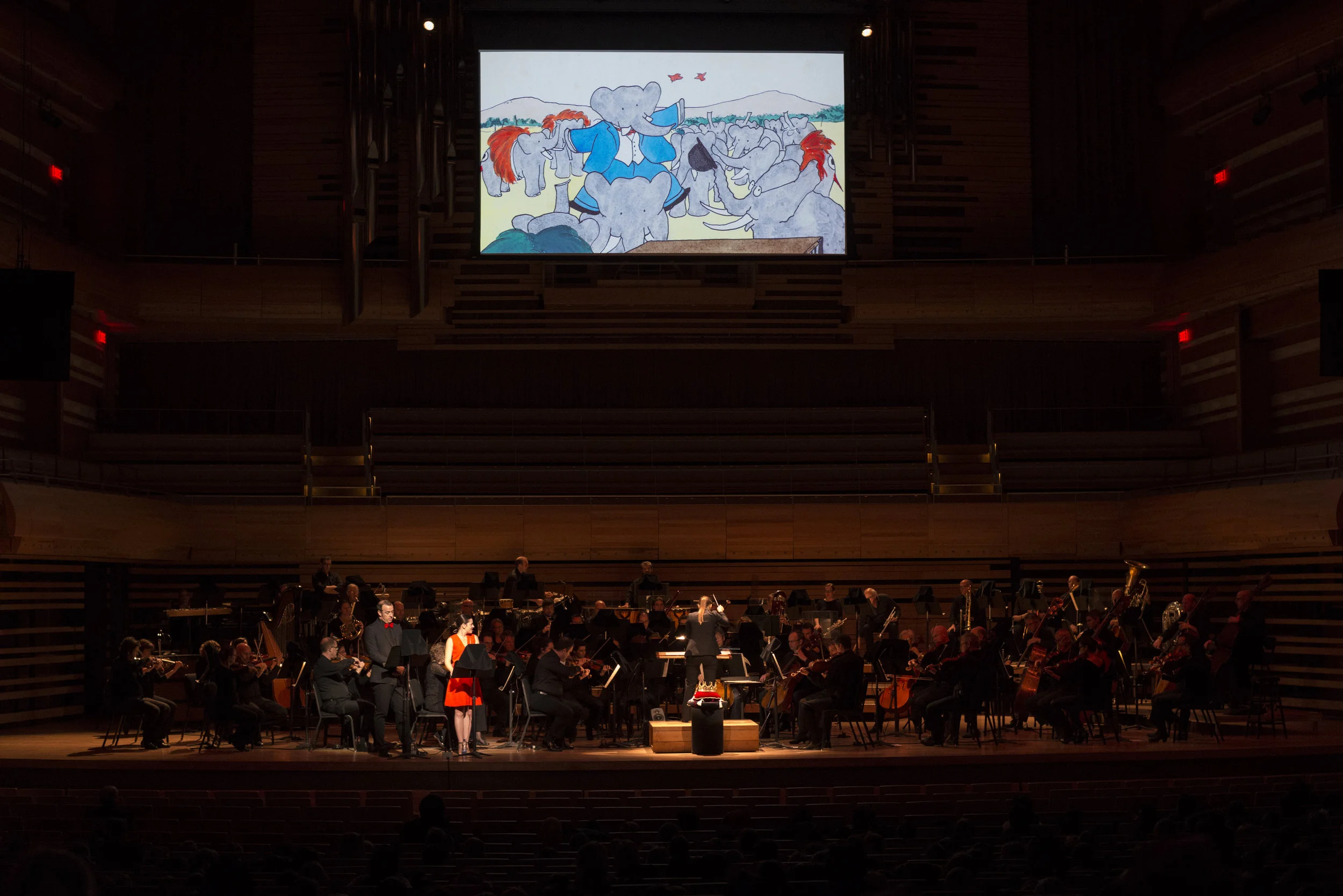 Orchestre symphonique de Montréal, Dina Gilbert conducting, Sophie Cadieux & Pierre Brassard narrating World Premiere of the new orchestral version of Raphael Mostel’s Babar’s Return to the Land of the Elephants (Le Retour de Babar au pays des éléphants) Photo: