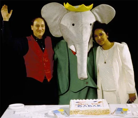 Composer Raphael Mostel, Babar and narrator Phylicia Rashad, celebrating 70th anniversary of the creation of Jean de Brunhoff’s Babar Photo: Carol Crumb