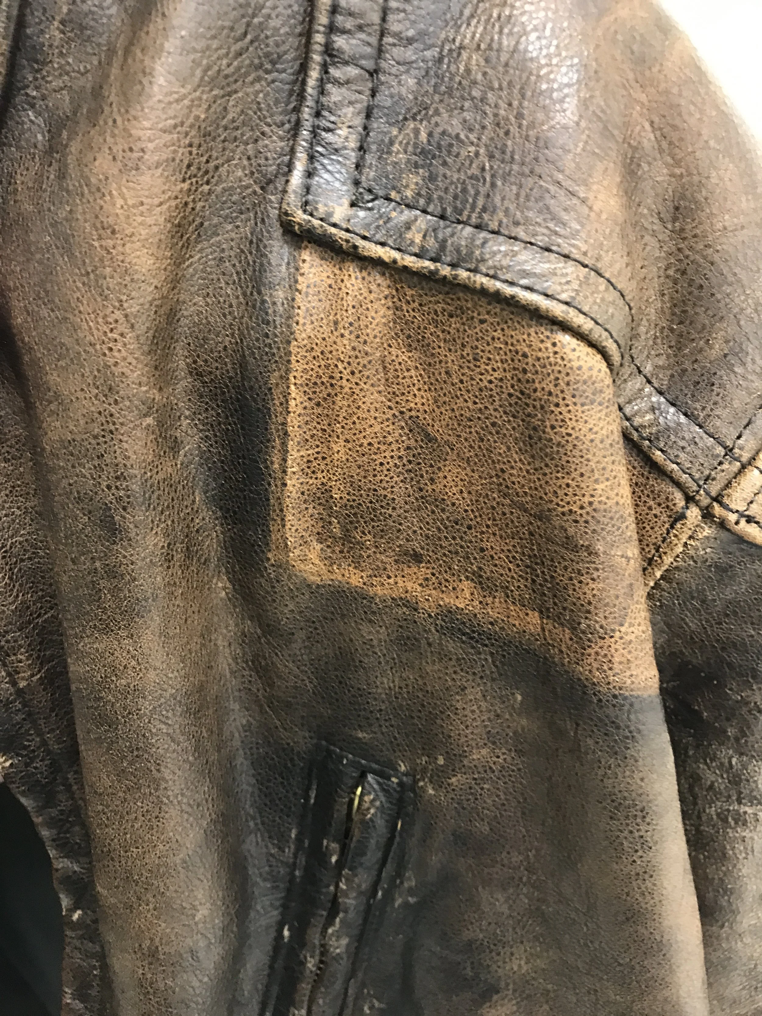 Eddie Brock's leather jacket alteration. in process to fix and eliminate the stitch holes. Venom 2018