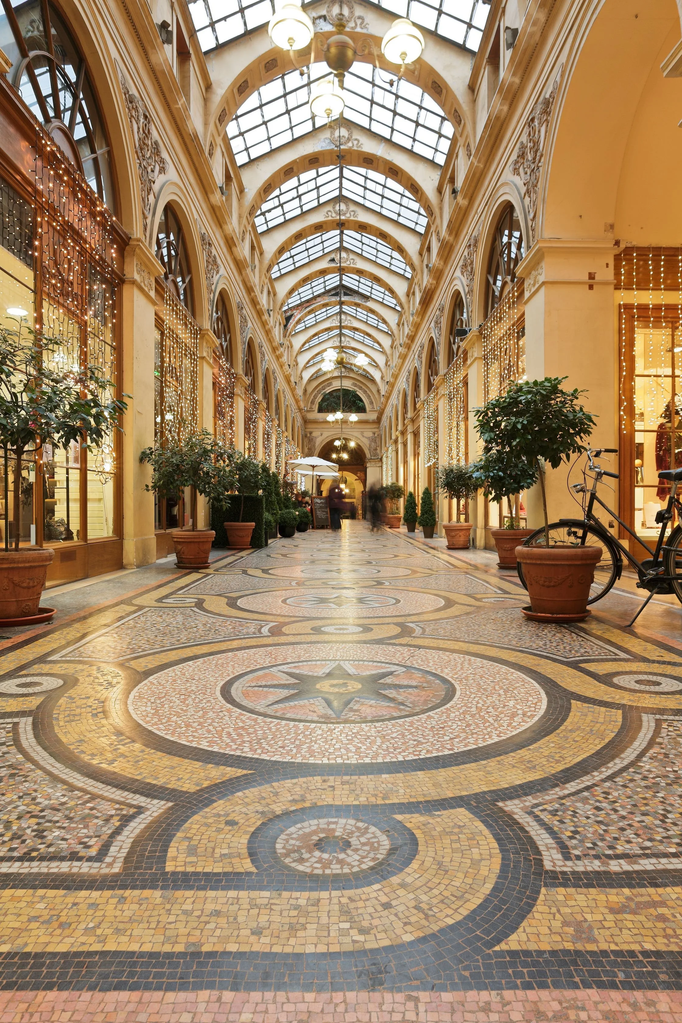 Inside a shopping arcade with a high, arched glass ceiling, decorative lighting, potted plants, and a patterned mosaic tile floor.