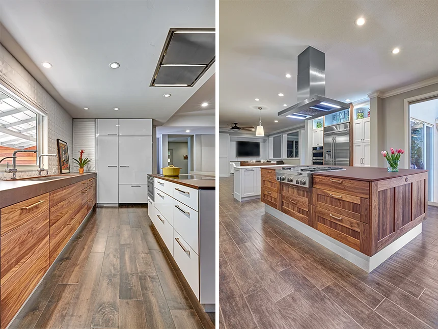 Above, modern kitchens with very un-matchy cabinetry. The contrast between warm woods and high-gloss white feels especially fresh. Designer: Nar Design Group Photographer: Fred Donham