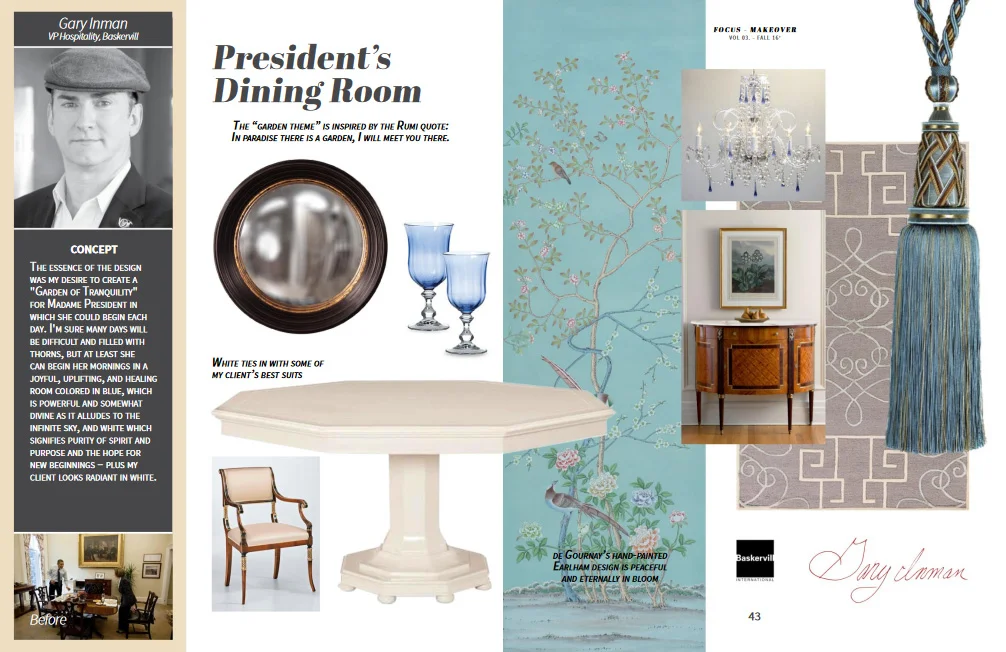 Featuring: Century table, Decorative Crafts chair and sideboard, De Gournay wallpaper, Houles trim, Howard Elliott mirror, Barovier chandelier and KAS rugs
